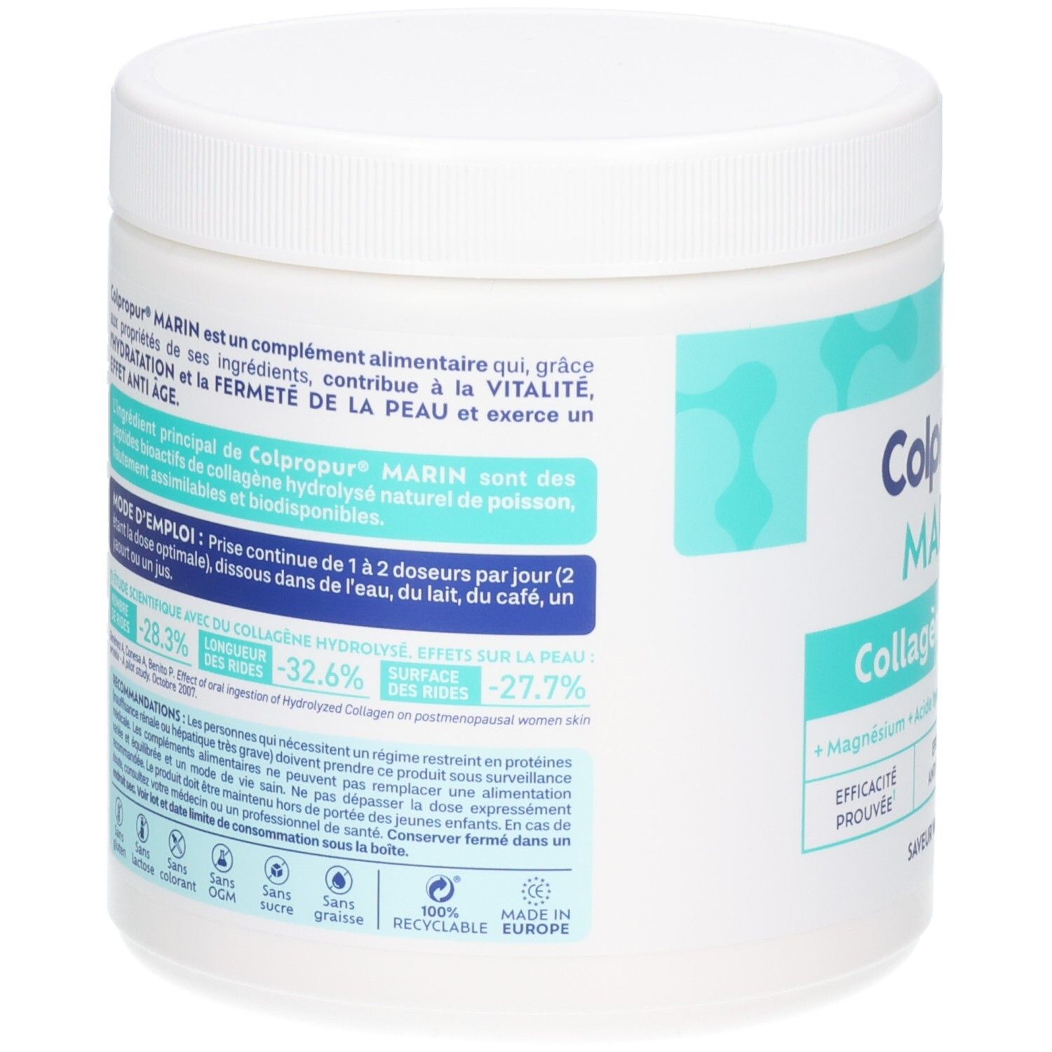 Arrière d'une boîte de poudre de collagène marin Colpropur avec informations nutritionnelles et instructions d'utilisation.