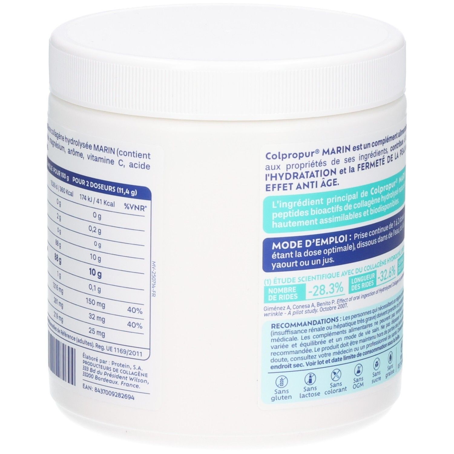 Vue latérale d'une boîte de poudre de collagène marin Colpropur avec informations nutritionnelles détaillées et informations sur les études.