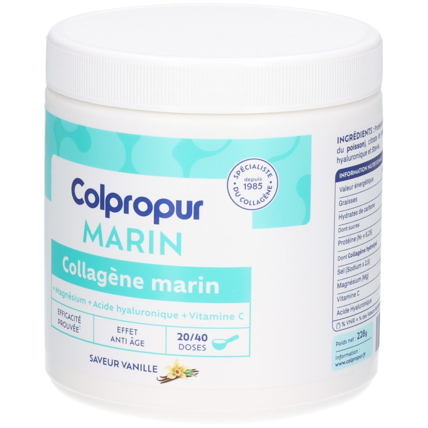 Avant d'une boîte de poudre de collagène marin Colpropur, saveur vanille, avec ingrédients et informations nutritionnelles.