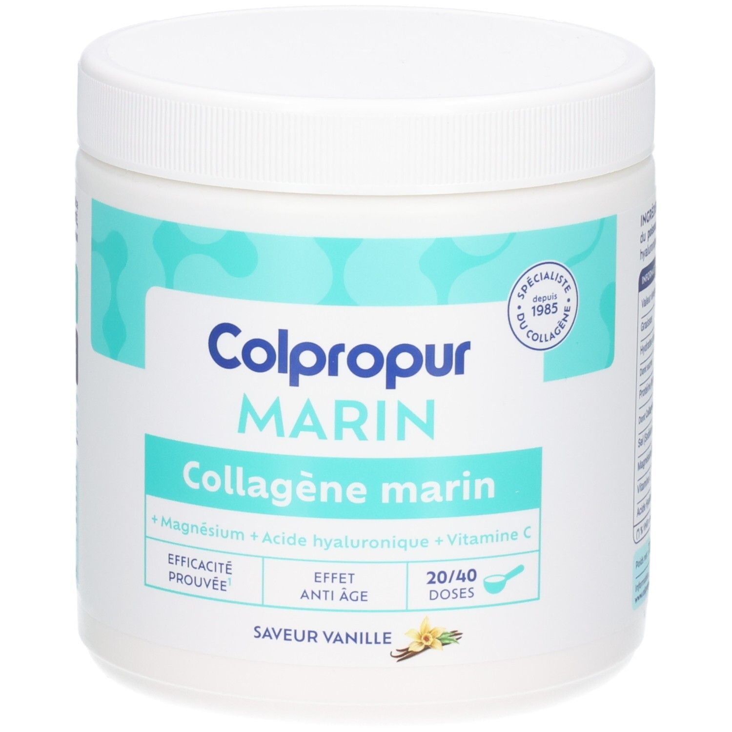 Poudre de collagène marin Colpropur, saveur vanille, avec magnésium, acide hyaluronique et vitamine C, vue de face.