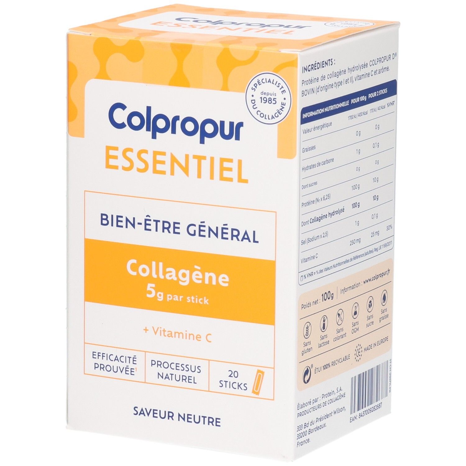 Colpropur Essentiel boîte arrière : Informations nutritionnelles, ingrédients, 20 sticks.
