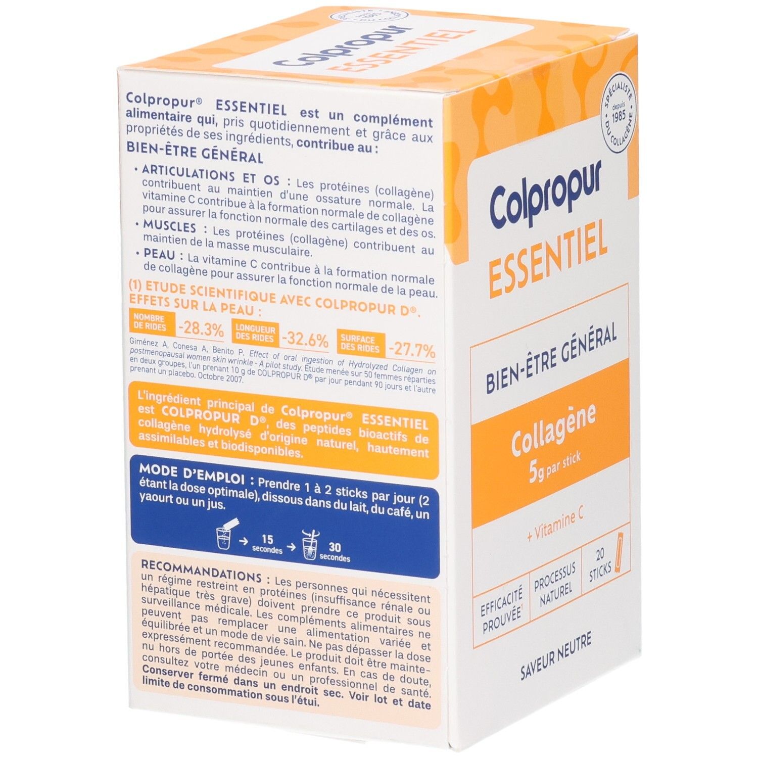 Colpropur Essentiel boîte côté : Collagène 5g par stick, Vitamine C, 20 sticks.