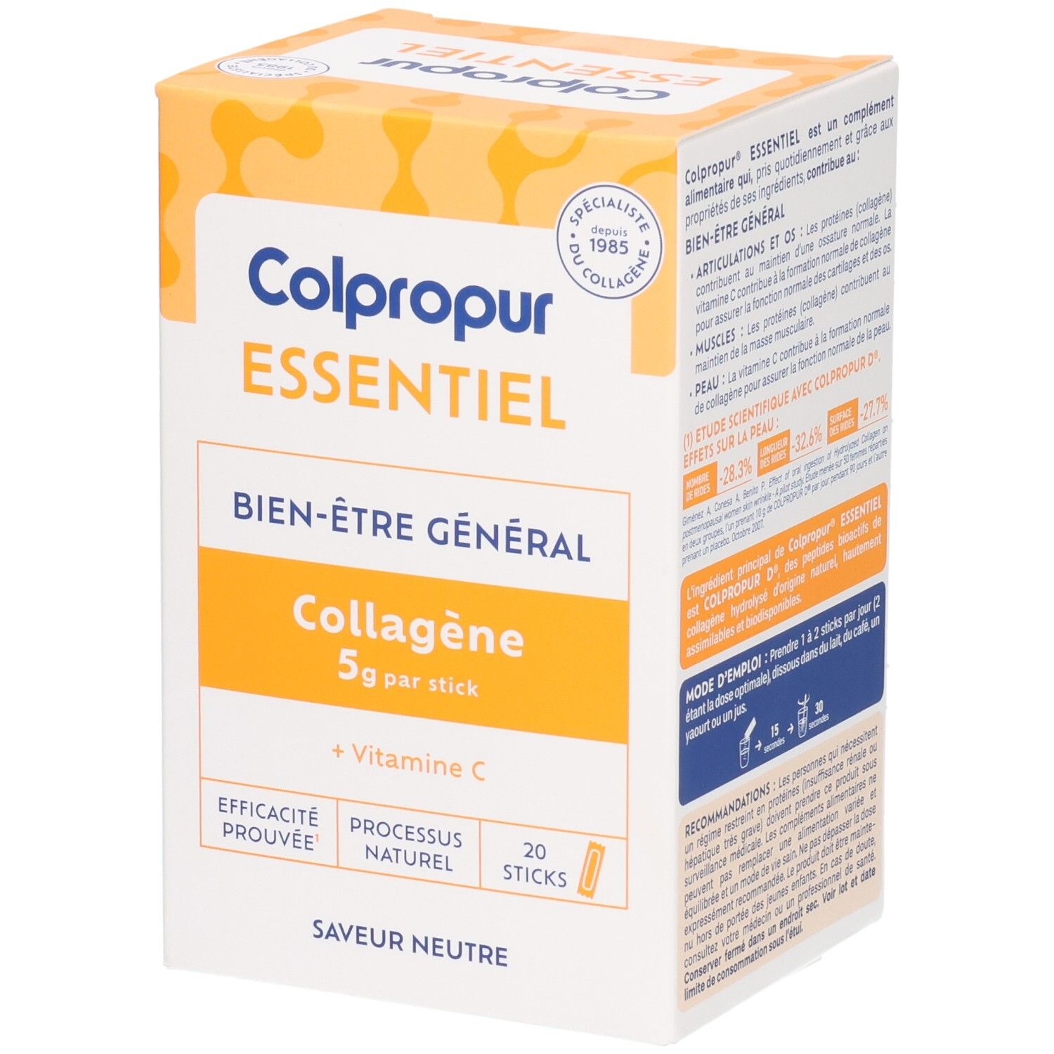 Colpropur Essentiel boîte : Collagène 5g par stick, Vitamine C, 20 sticks.