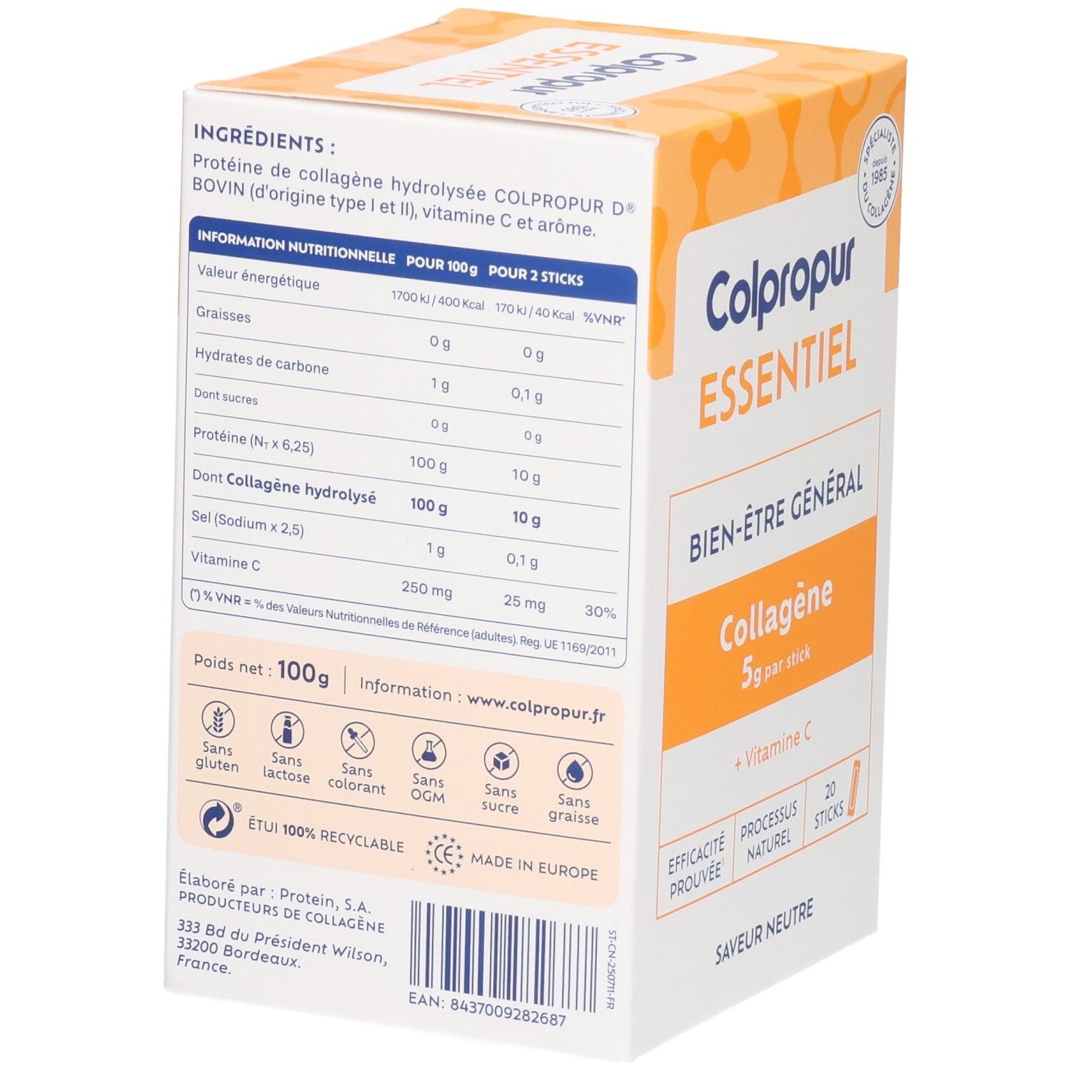Colpropur Essentiel boîte arrière : Informations nutritionnelles, ingrédients, 20 sticks.
