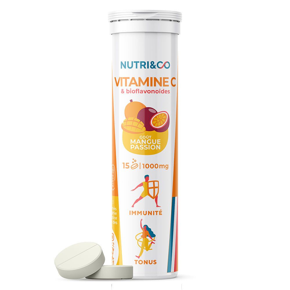 Comprimés blancs et tube blanc. Sur le tube: NUTRI&CO VITAMINE C, goût mangue passion, 15 comprimés, 1000mg.