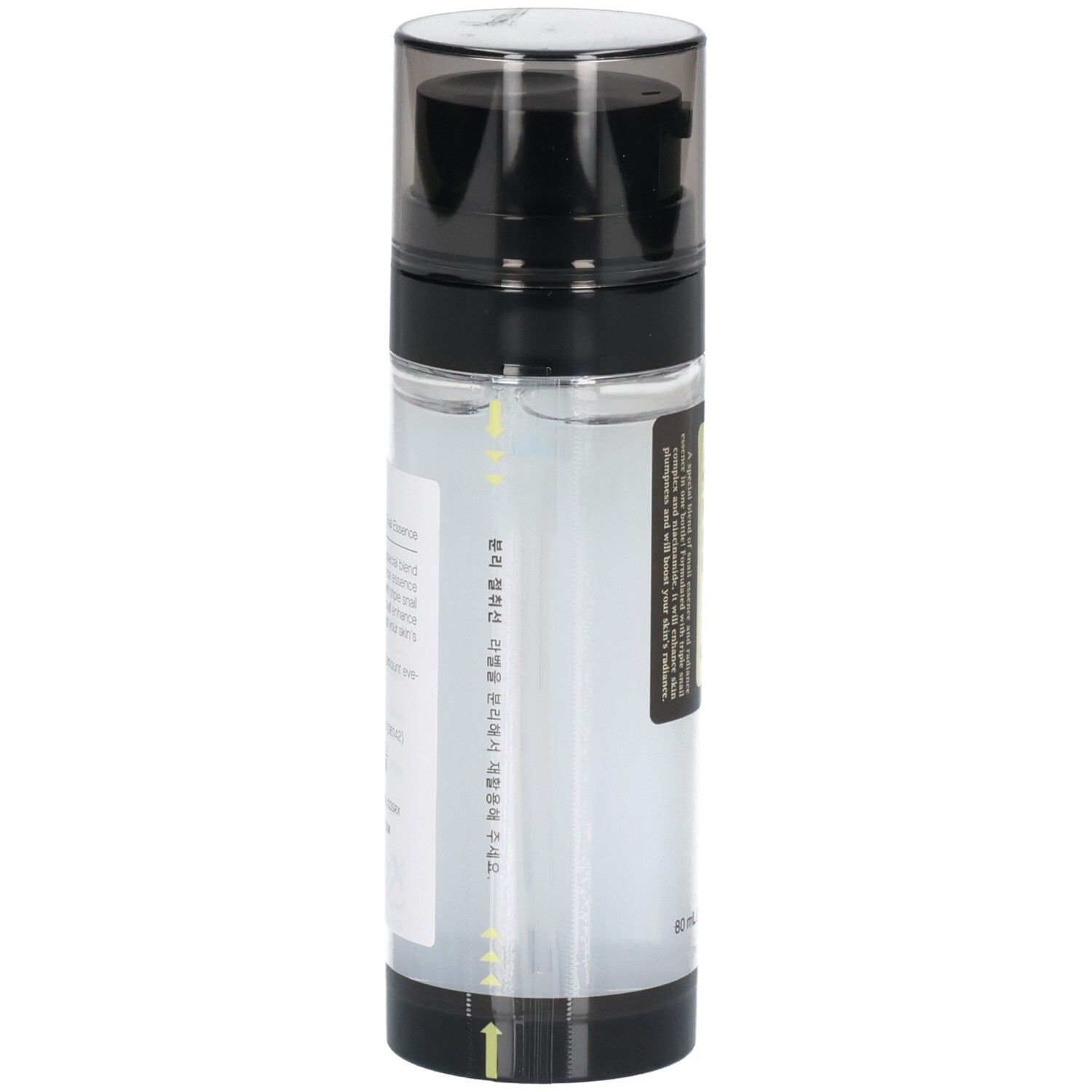 Flacon Cosrx Advanced Snail Radiance Dual Essence, vue latérale avec étiquetage asiatique.