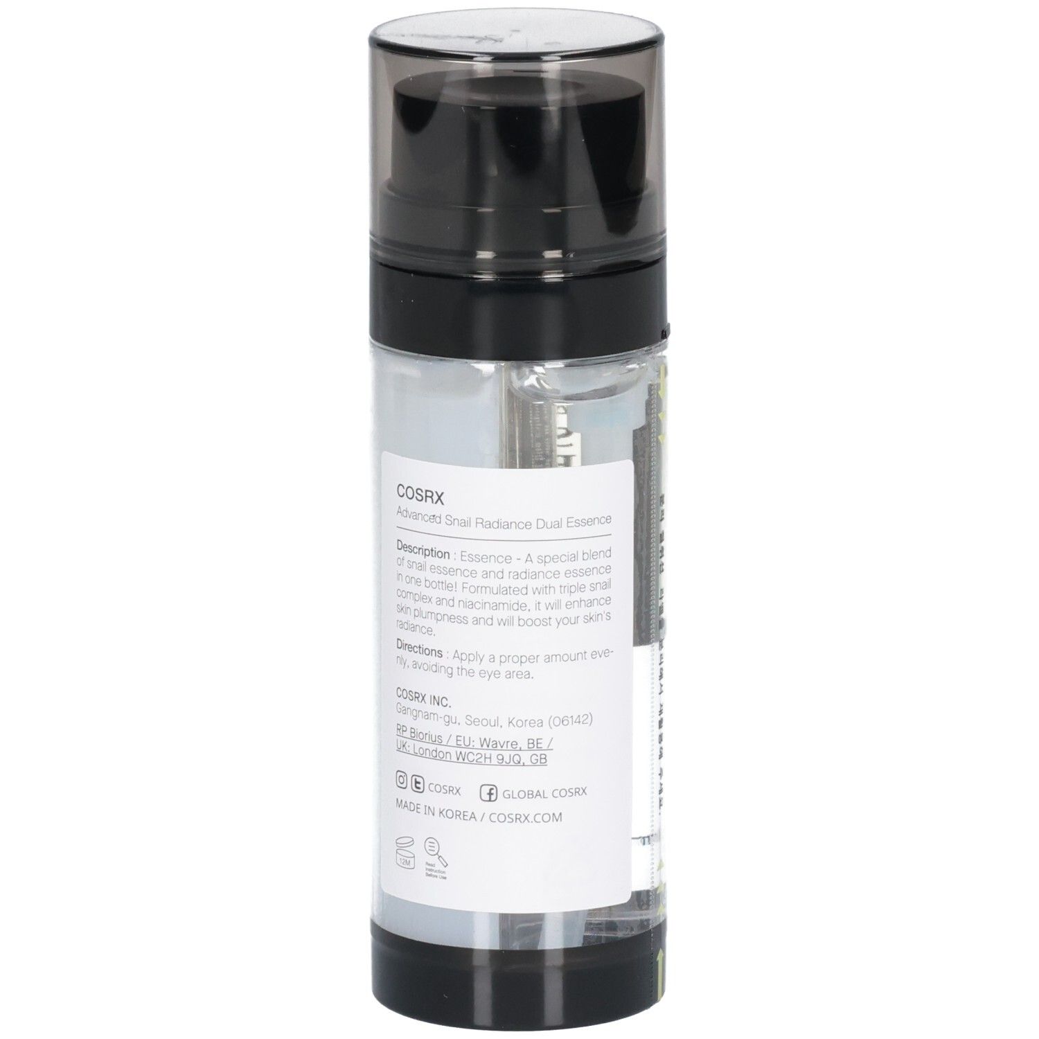 Flacon Cosrx Advanced Snail Radiance Dual Essence, dos avec description détaillée du produit.