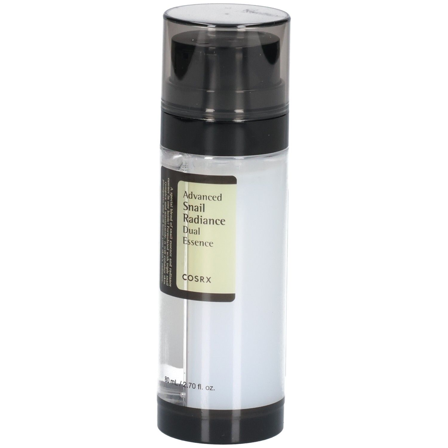 Flacon Cosrx Advanced Snail Radiance Dual Essence avec pompe, vue de face.