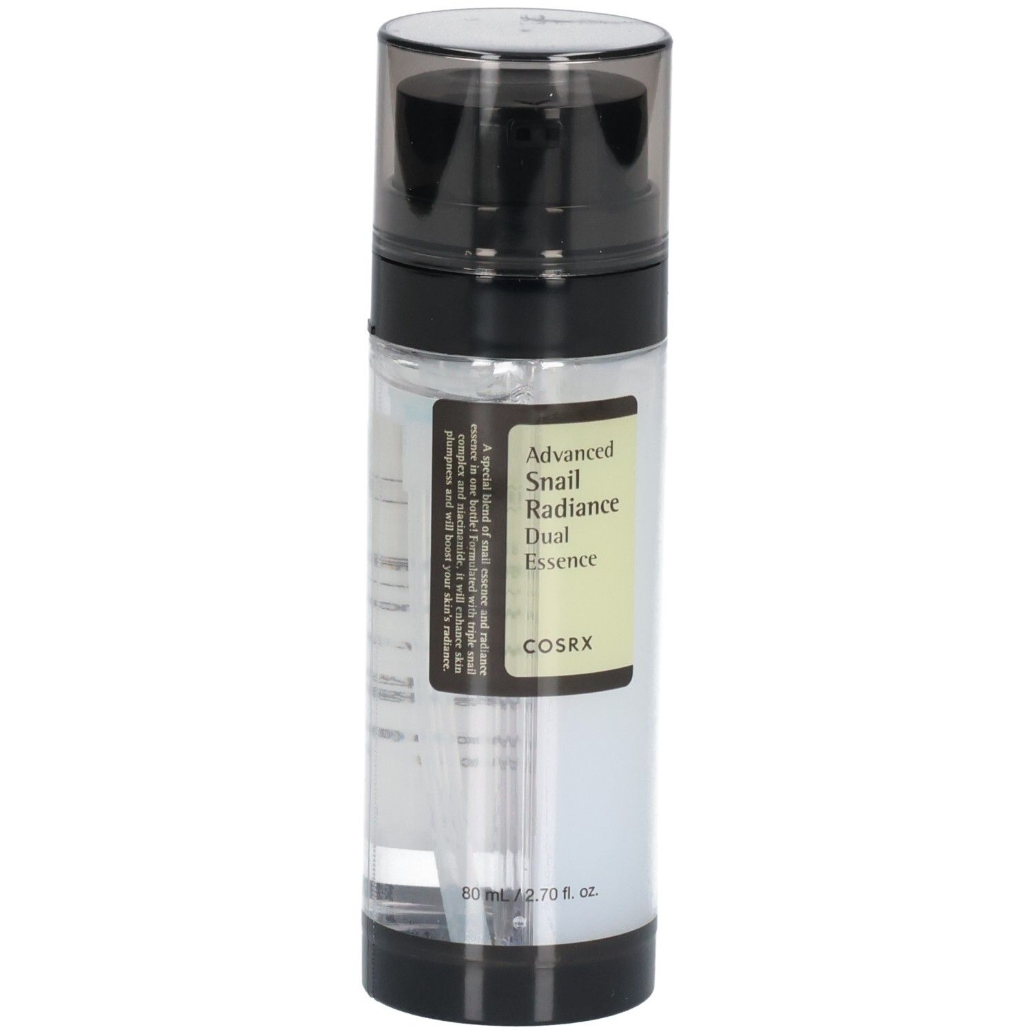 Flacon Cosrx Advanced Snail Radiance Dual Essence, vue de face avec étiquette.
