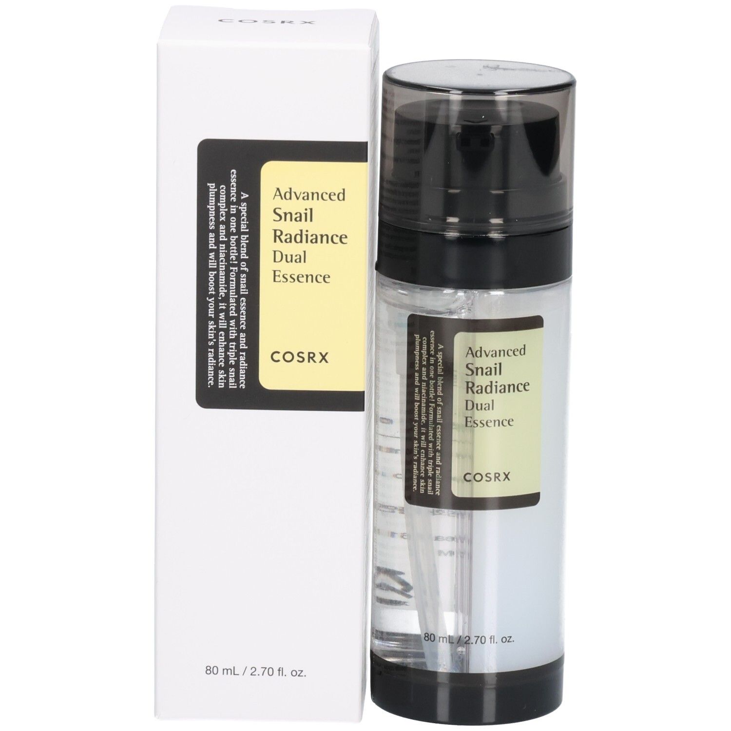 Flacon Cosrx Advanced Snail Radiance Dual Essence et sa boîte d'emballage.