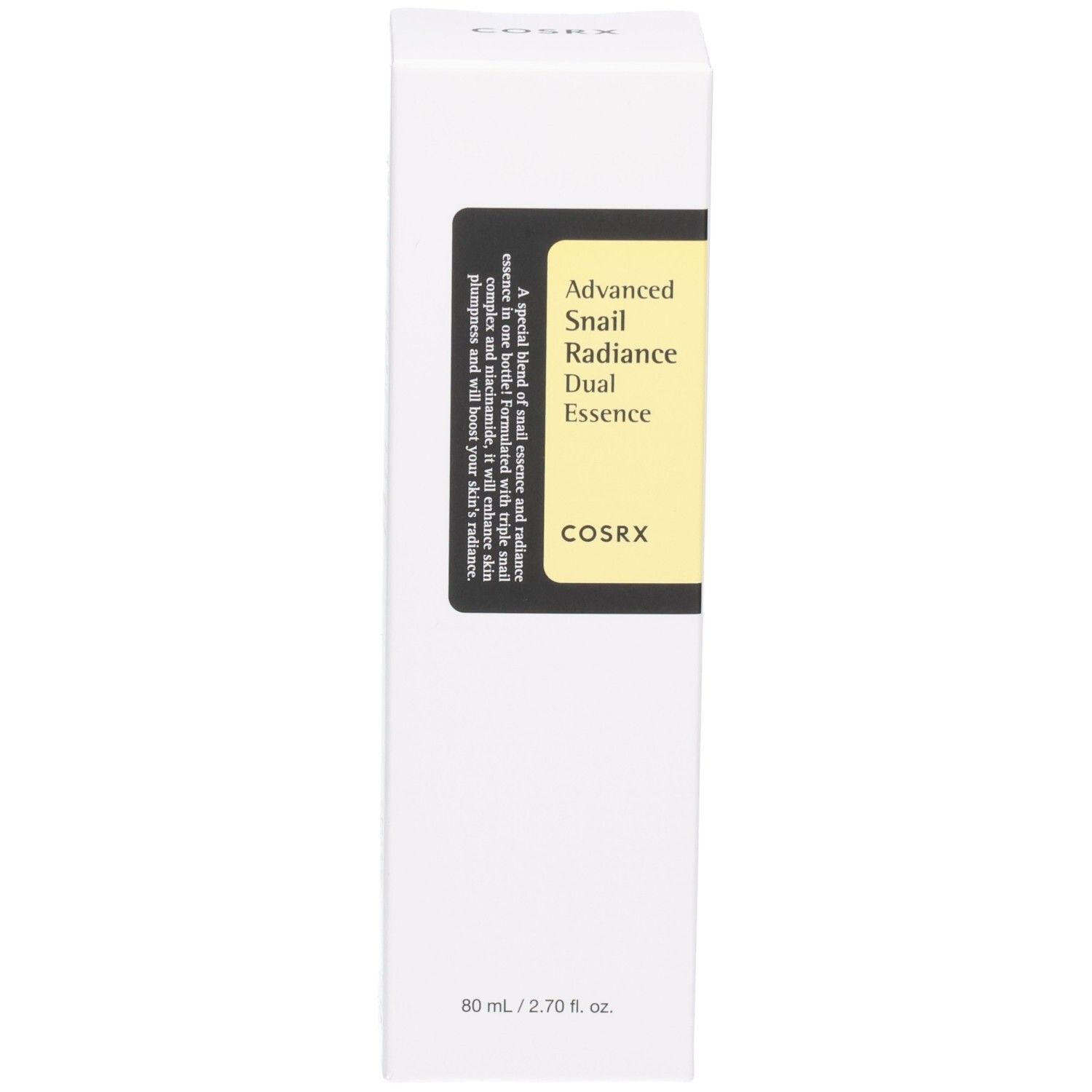 Boîte d'emballage pour Cosrx Advanced Snail Radiance Dual Essence.