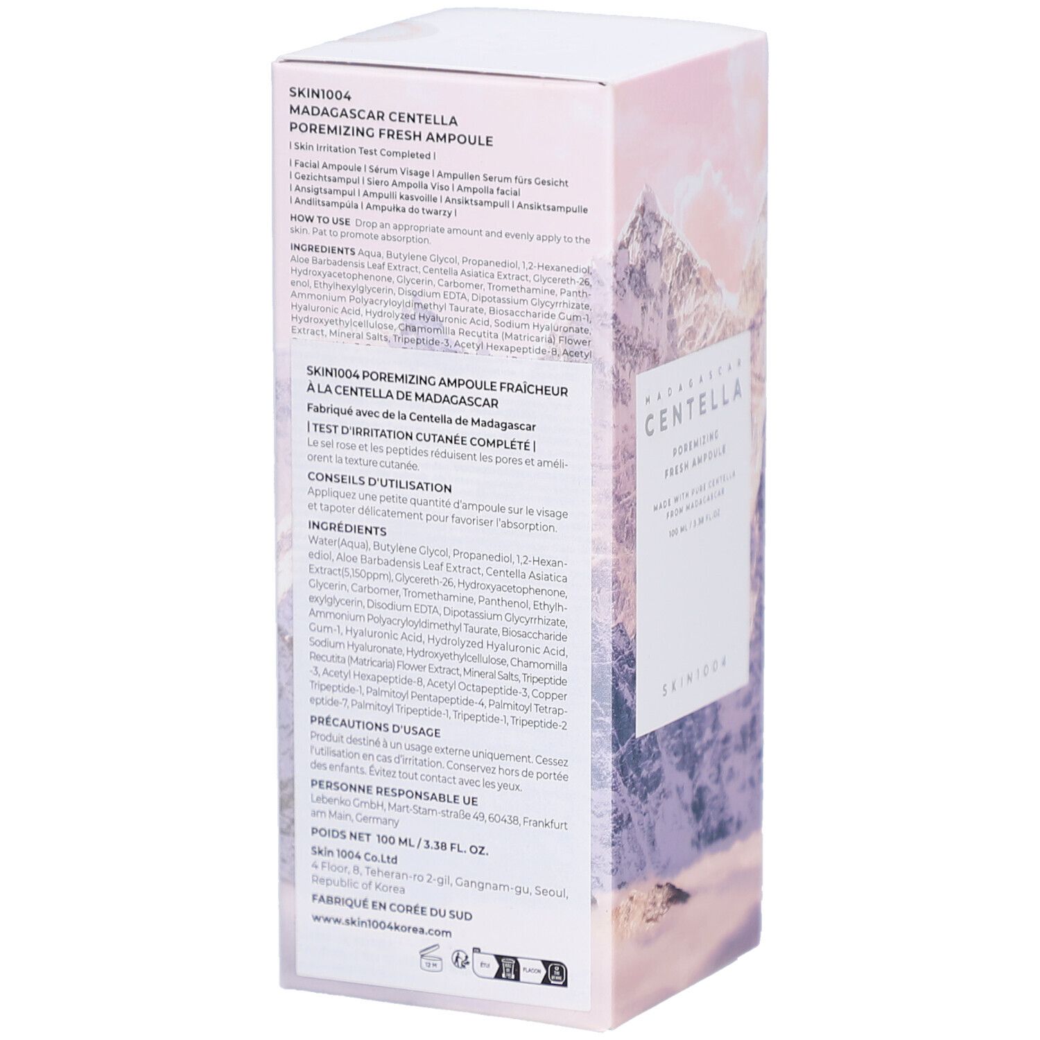 Dos de la boîte avec informations produit et ingrédients. Texte: SKIN1004, Centella, Poremizing Fresh Ampoule.