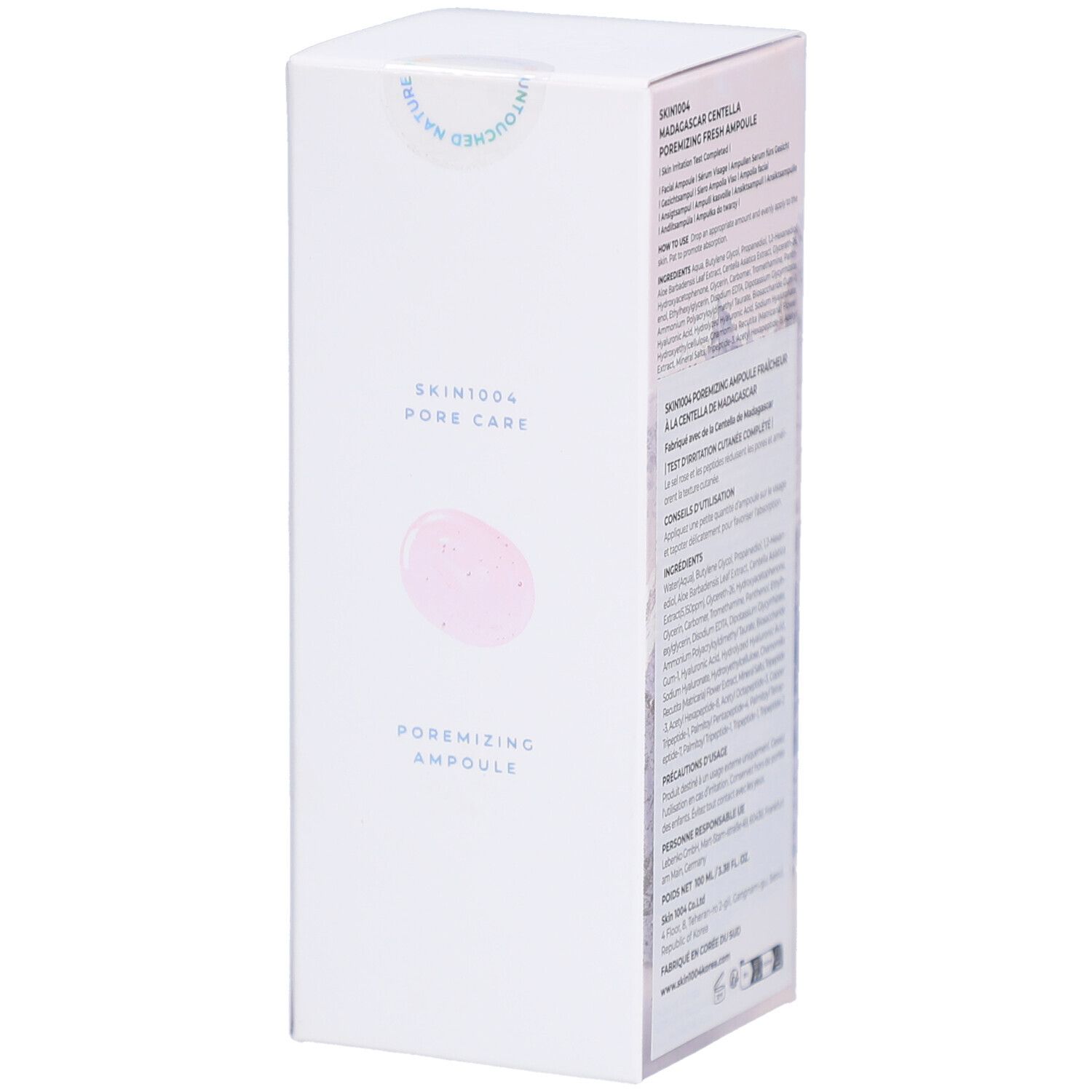 Boîte avec informations produit. Texte: SKIN1004, Pore Care, Poremizing Ampoule, Switched Nature.