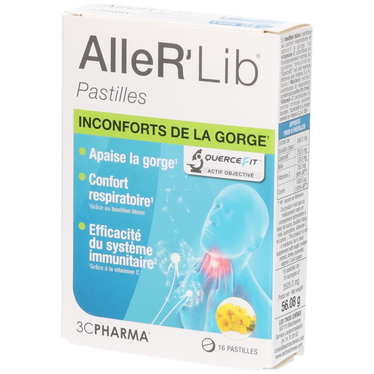 Boîte de 16 pastilles 3C Pharma Aller'Lib pour inconforts de la gorge.