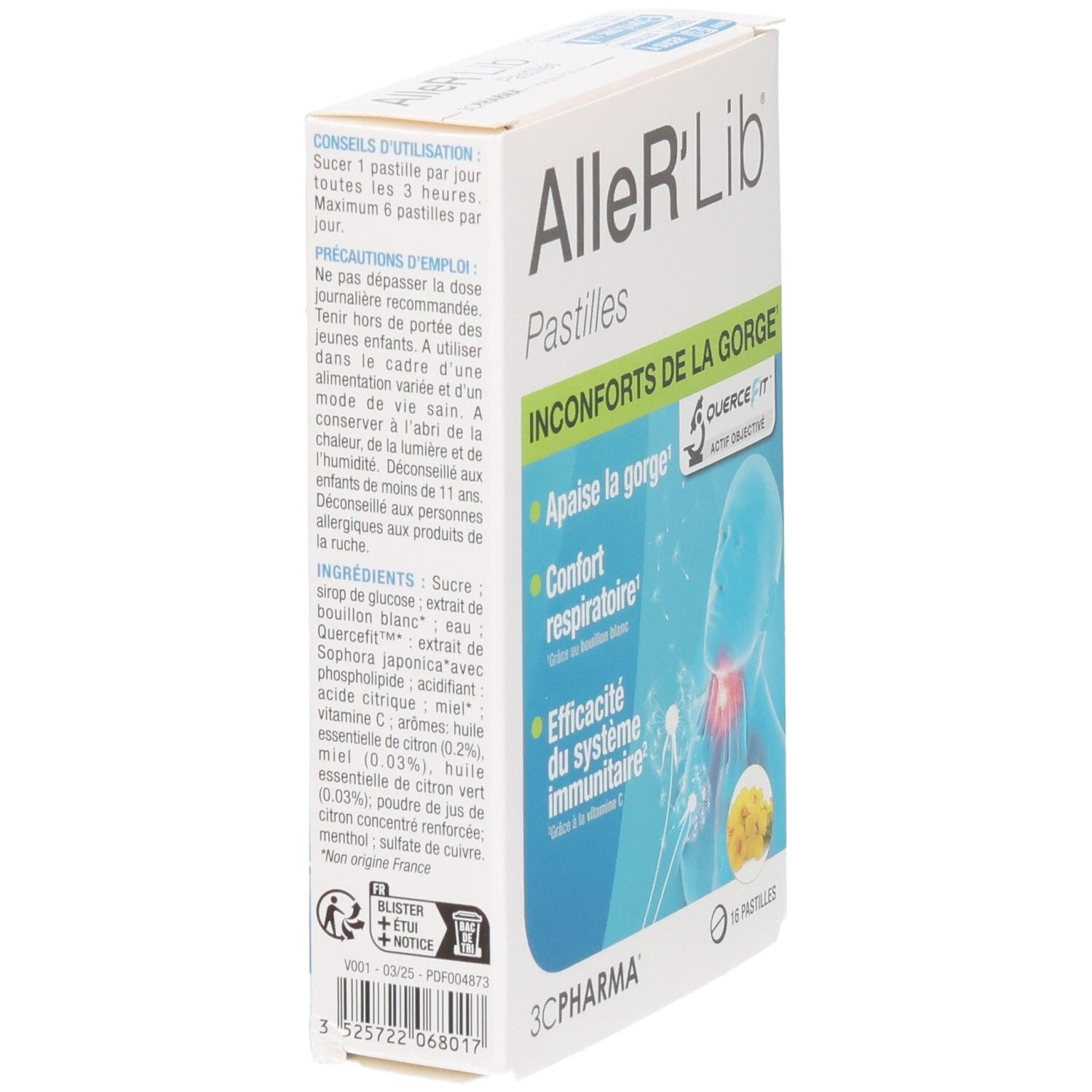 Arrière de la boîte 3C Pharma Aller'Lib pastilles avec instructions d'utilisation.