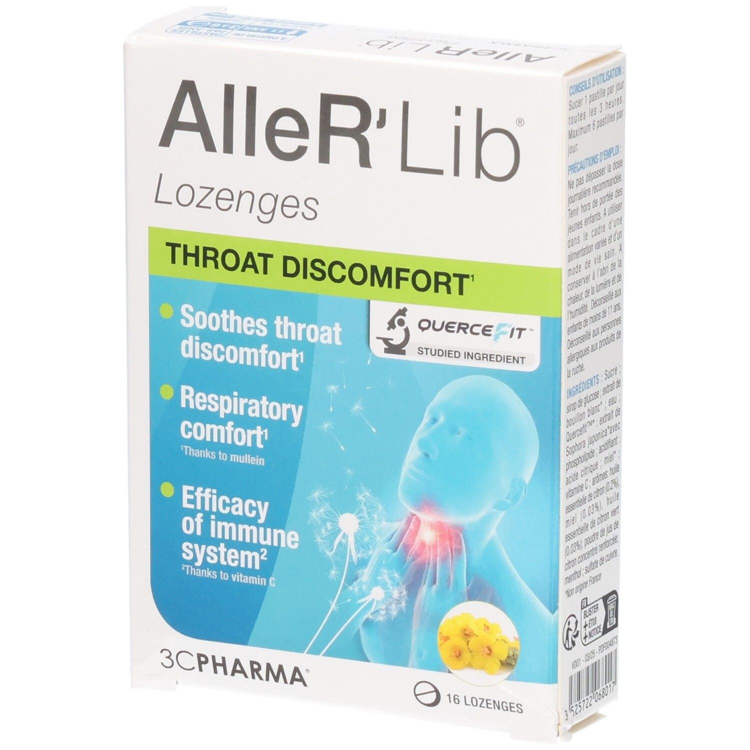 Boîte de 16 pastilles 3C Pharma Aller'Lib pour inconforts de la gorge.