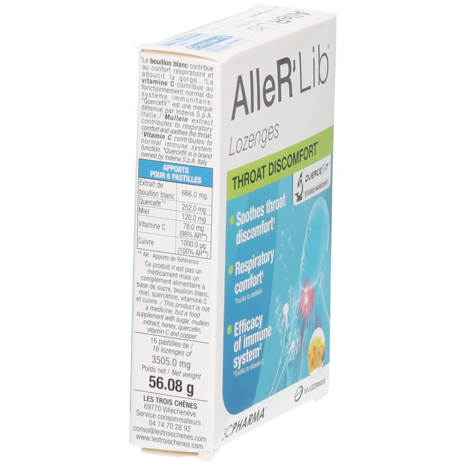 Côté de la boîte 3C Pharma Aller'Lib pastilles avec ingrédients et informations nutritionnelles.