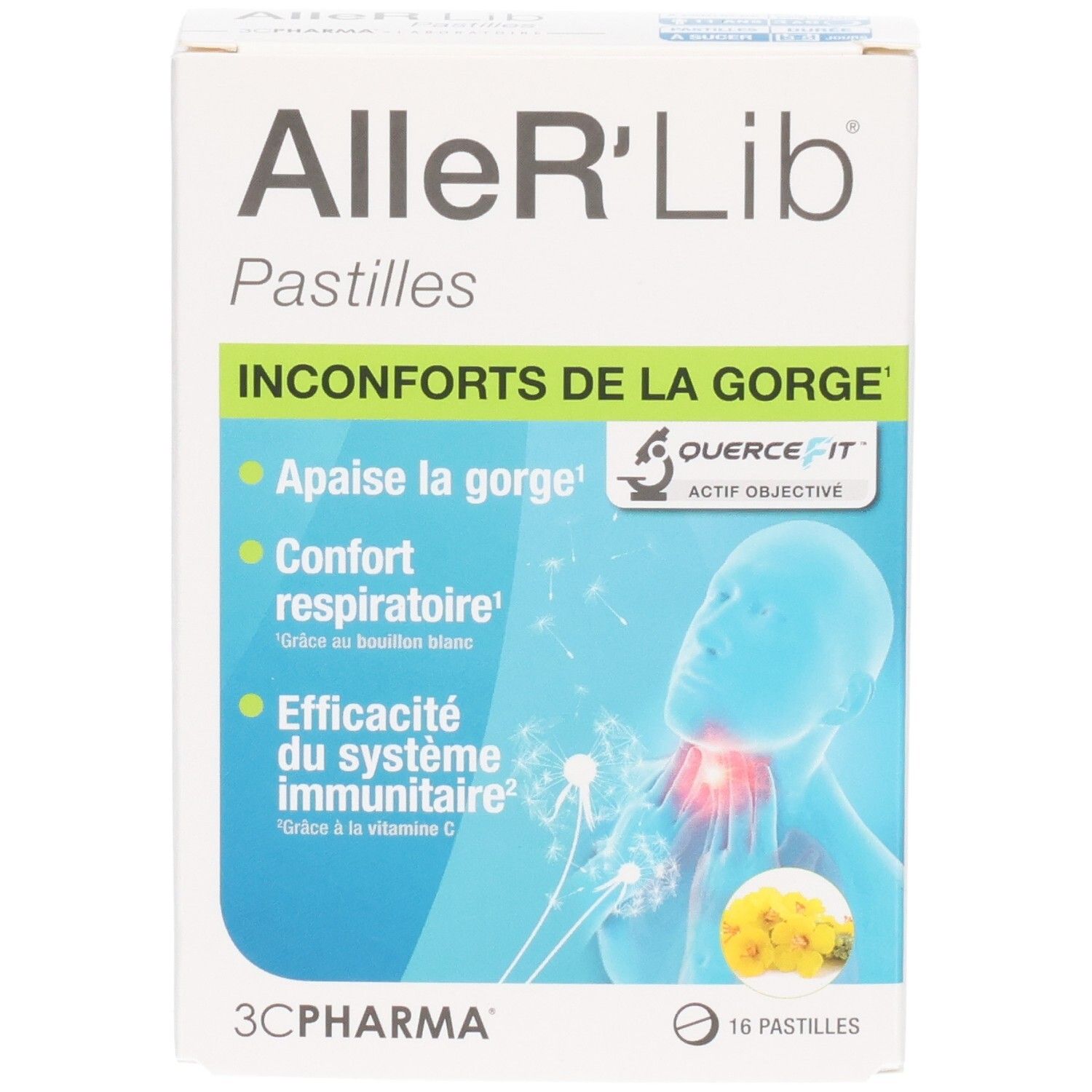 Boîte de 16 pastilles 3C Pharma Aller'Lib pour inconforts de la gorge.