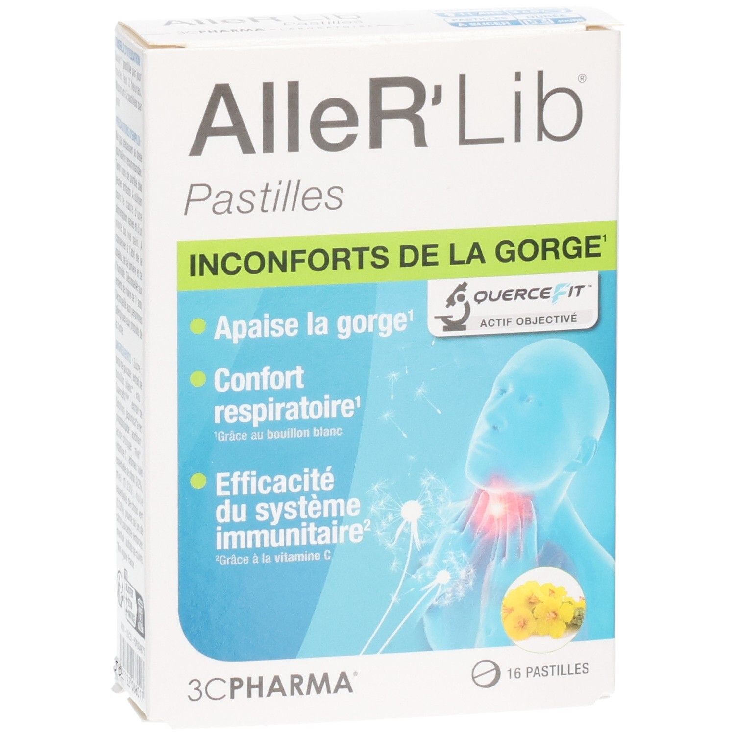 Boîte de 16 pastilles 3C Pharma Aller'Lib pour inconforts de la gorge.