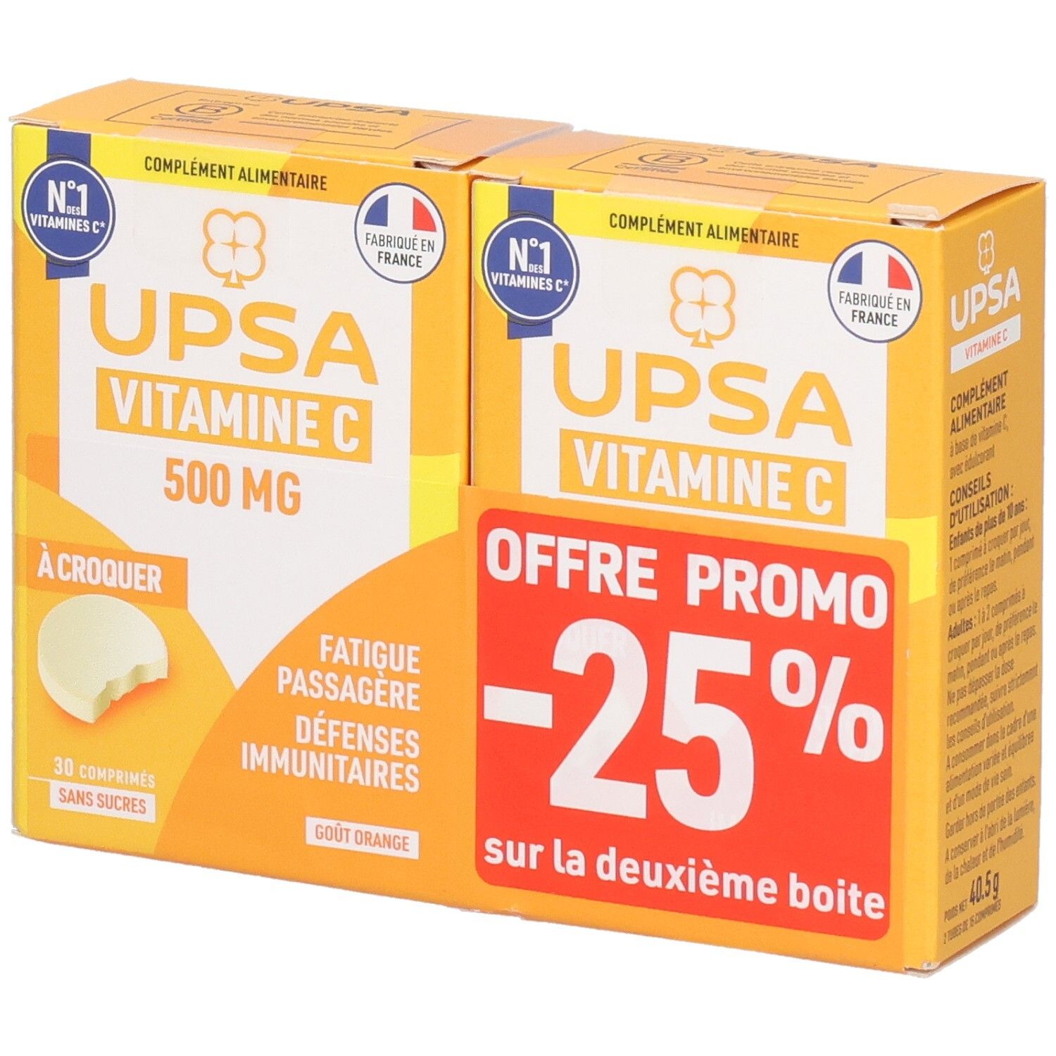 Deux boîtes de UPSA Vitamine C 500mg. Une affiche "-25% de réduction". Emballage jaune avec texte blanc et logo.
