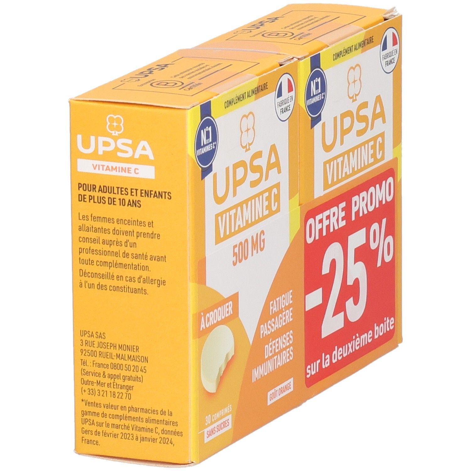 Deux boîtes UPSA Vitamine C 500mg. Emballage jaune avec texte blanc. Inscription: "À croquer" et "30 comprimés".