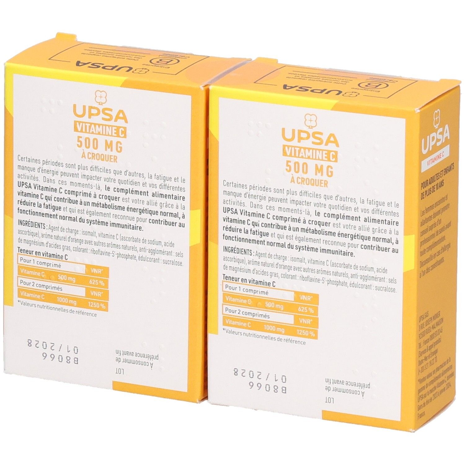 Dos de deux boîtes UPSA Vitamine C 500mg. Emballage jaune avec texte en français.