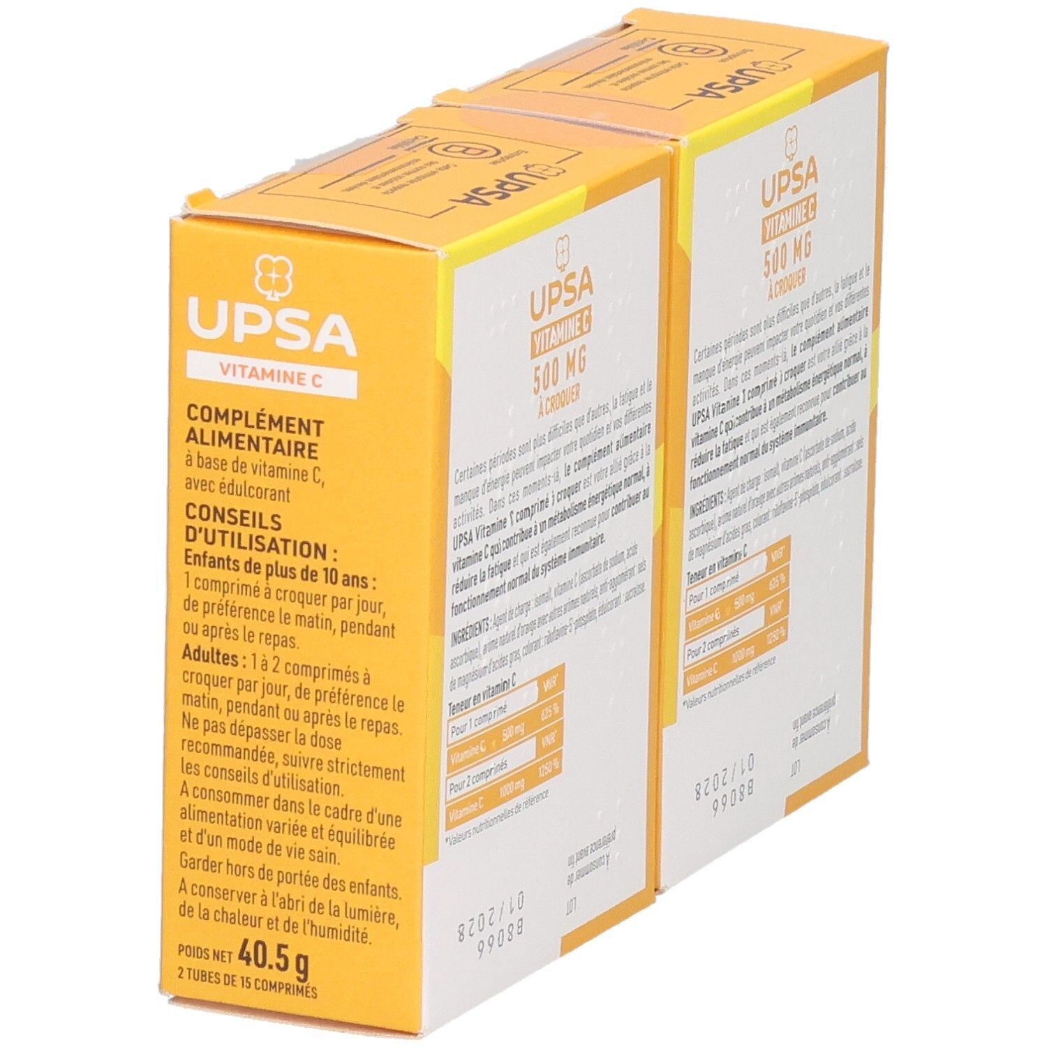 Deux boîtes UPSA Vitamine C 500mg. Emballage jaune avec texte en français. Inscription: "40.5g".