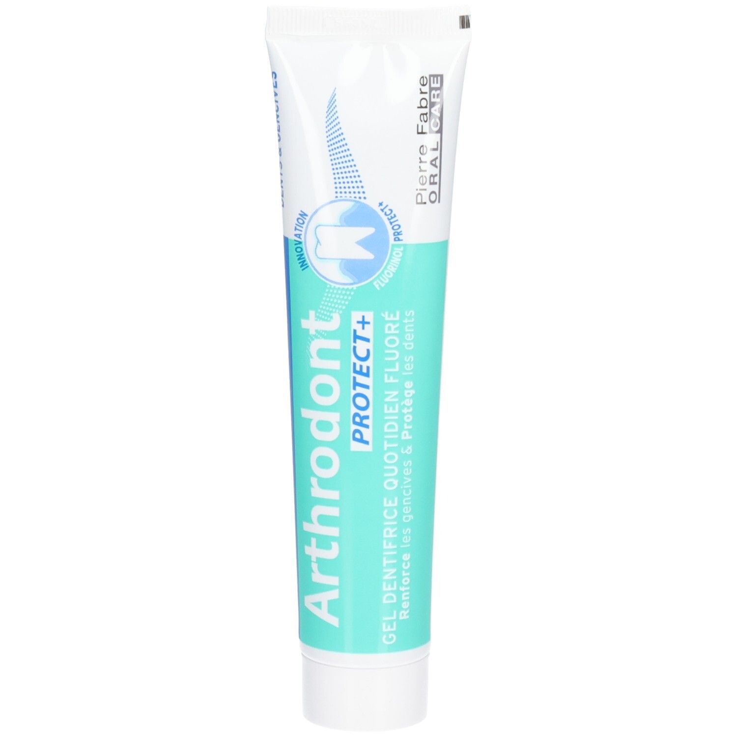 Tube de dentifrice blanc et turquoise. Nom du produit et logo visibles. Logo du fabricant en haut à droite.