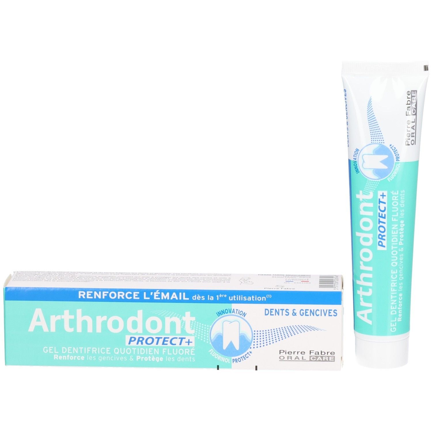 Tube de dentifrice et boîte. Le tube est à côté de la boîte. Nom du produit et logo visibles sur les deux.