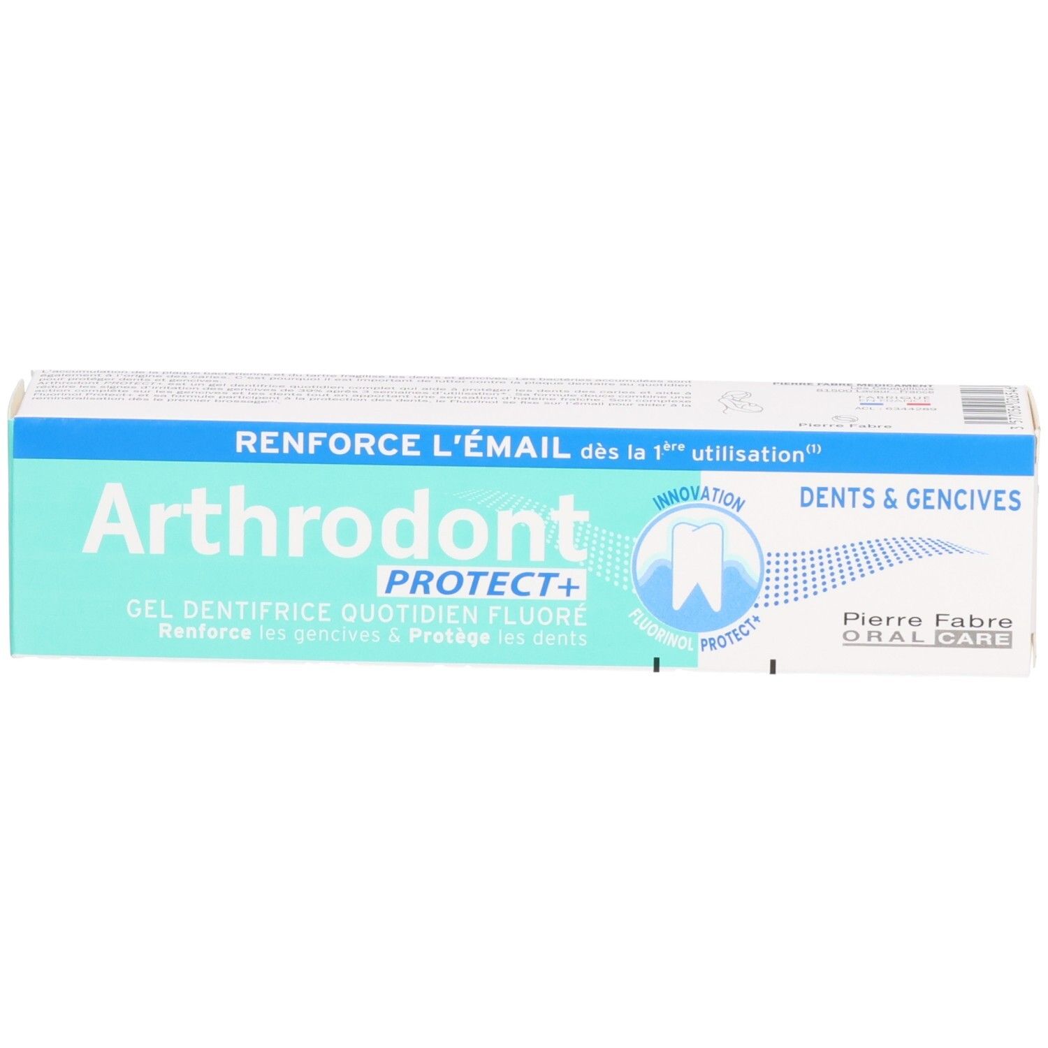 Boîte avec nom et logo du produit. Couleurs turquoise et blanc. Texte en plusieurs langues.