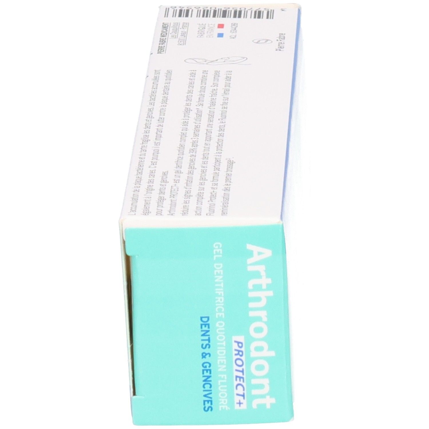 Boîte, vue en biais du dessus. Nom et logo du produit visibles. Couleurs turquoise et blanc.