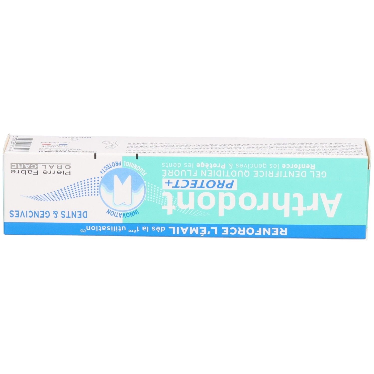 Boîte avec nom et logo du produit. Couleurs turquoise et blanc. Texte en plusieurs langues.