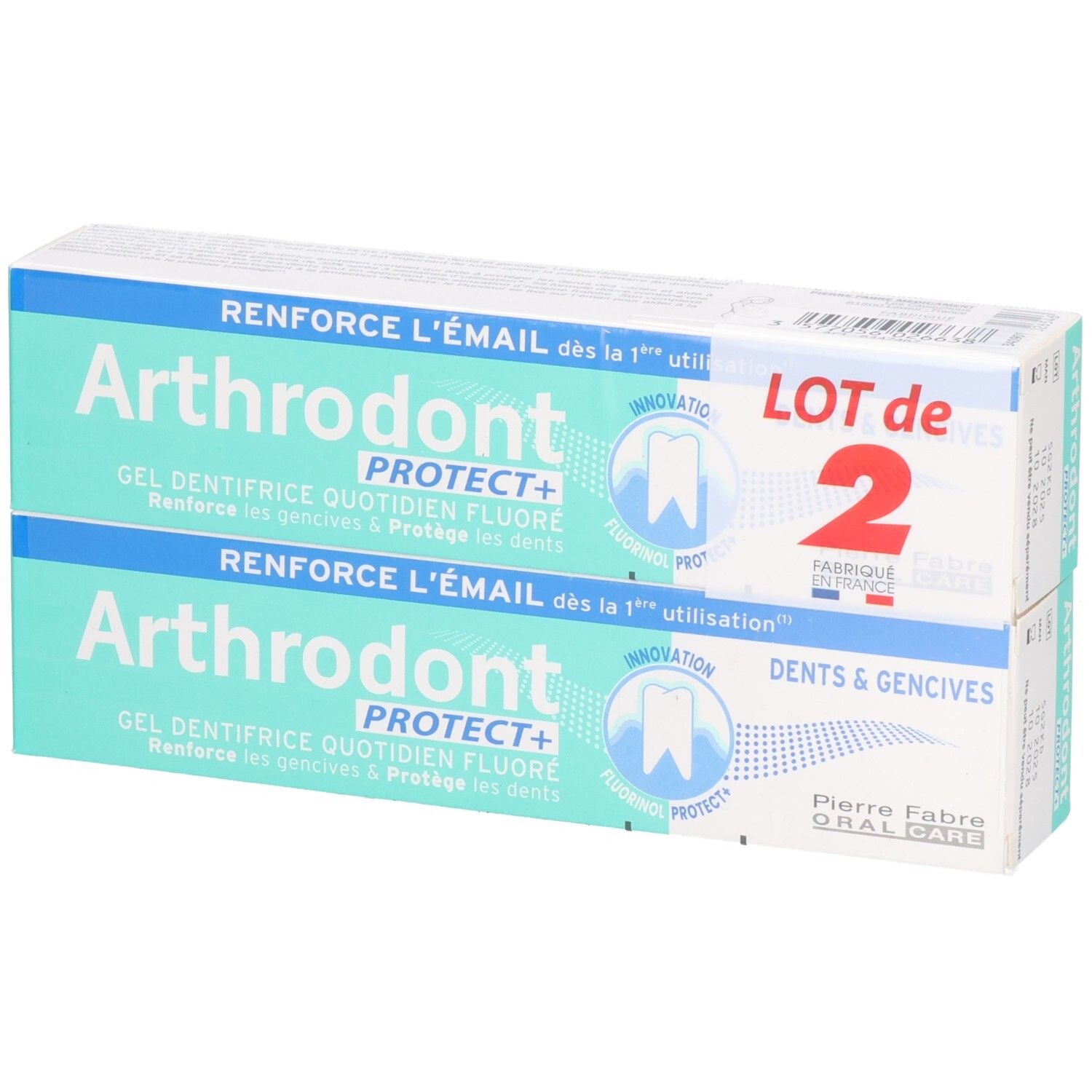Deux boîtes de gel dentaire. Inscription: Arthrodont Protect+. Lot de 2. Pierre Fabre Oral Care.