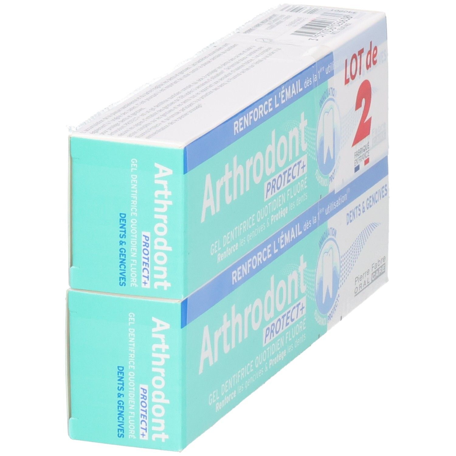 Deux boîtes de gel dentaire. Inscription: Arthrodont Protect+. Pierre Fabre Oral Care.