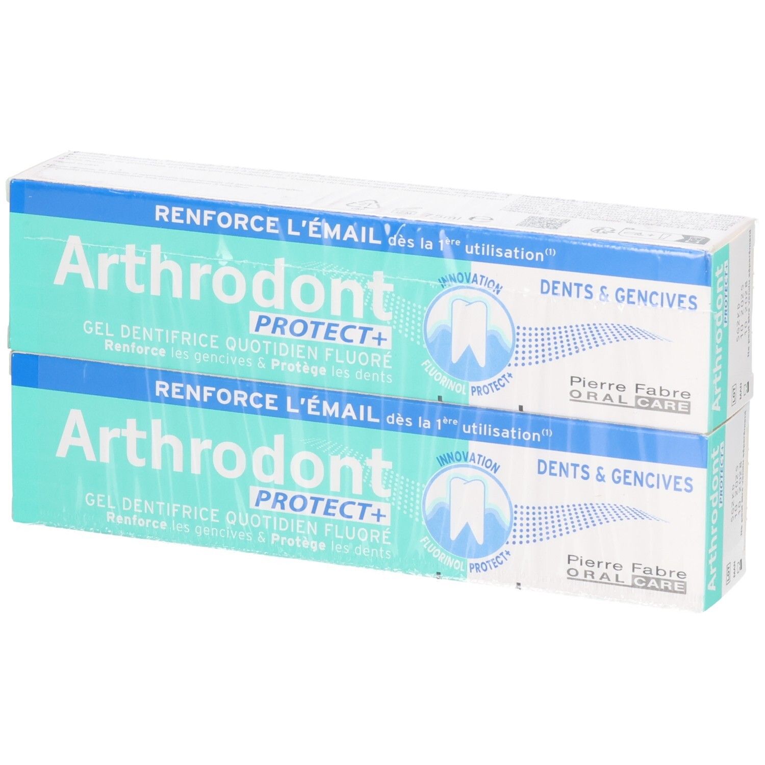 Deux boîtes de gel dentaire. Inscription: Arthrodont Protect+. Pierre Fabre Oral Care.