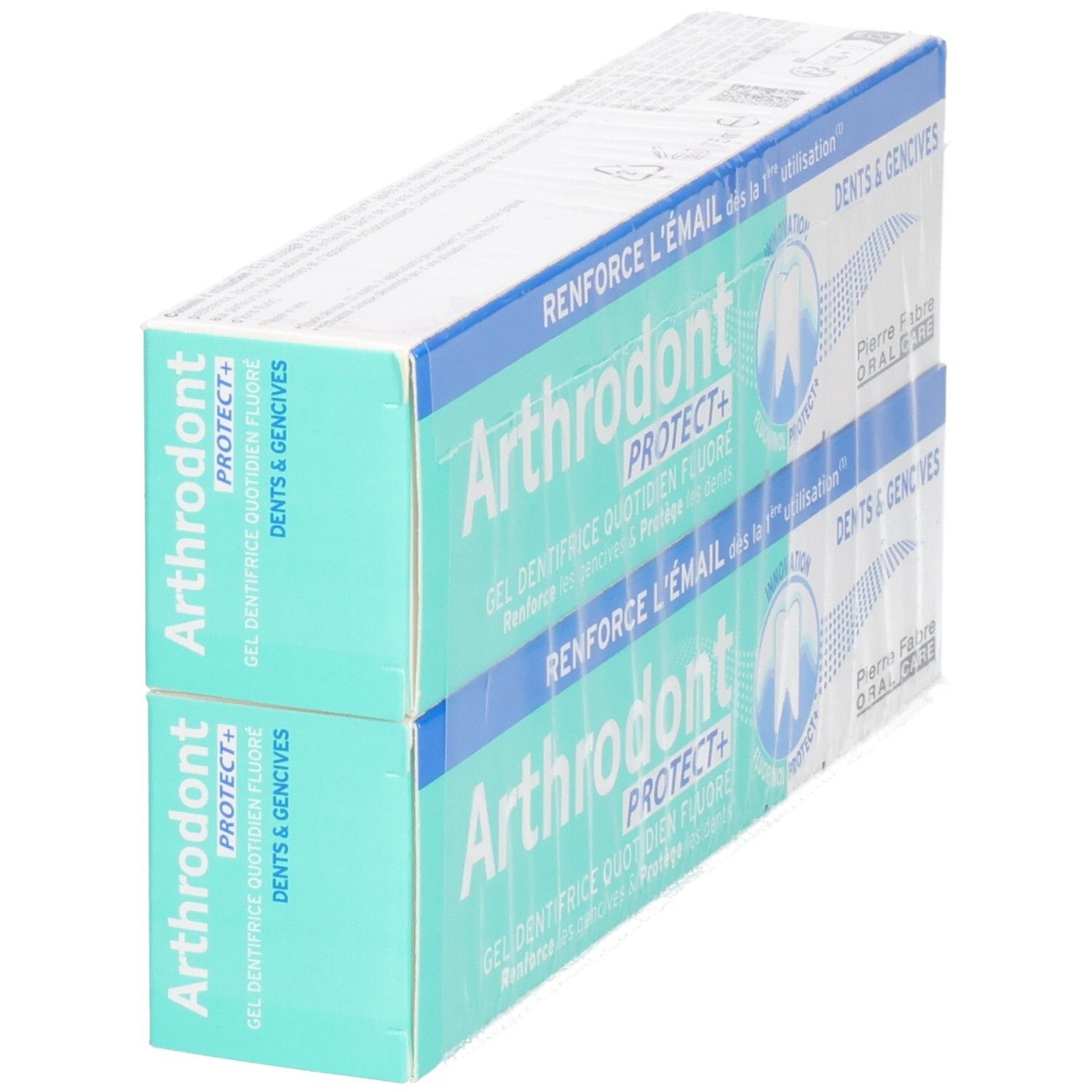 Deux boîtes de gel dentaire. Inscription: Arthrodont Protect+. Pierre Fabre Oral Care.