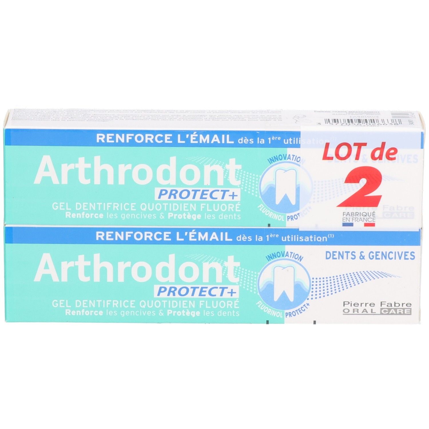 Deux boîtes de gel dentaire. Inscription: Arthrodont Protect+. Lot de 2. Pierre Fabre Oral Care.