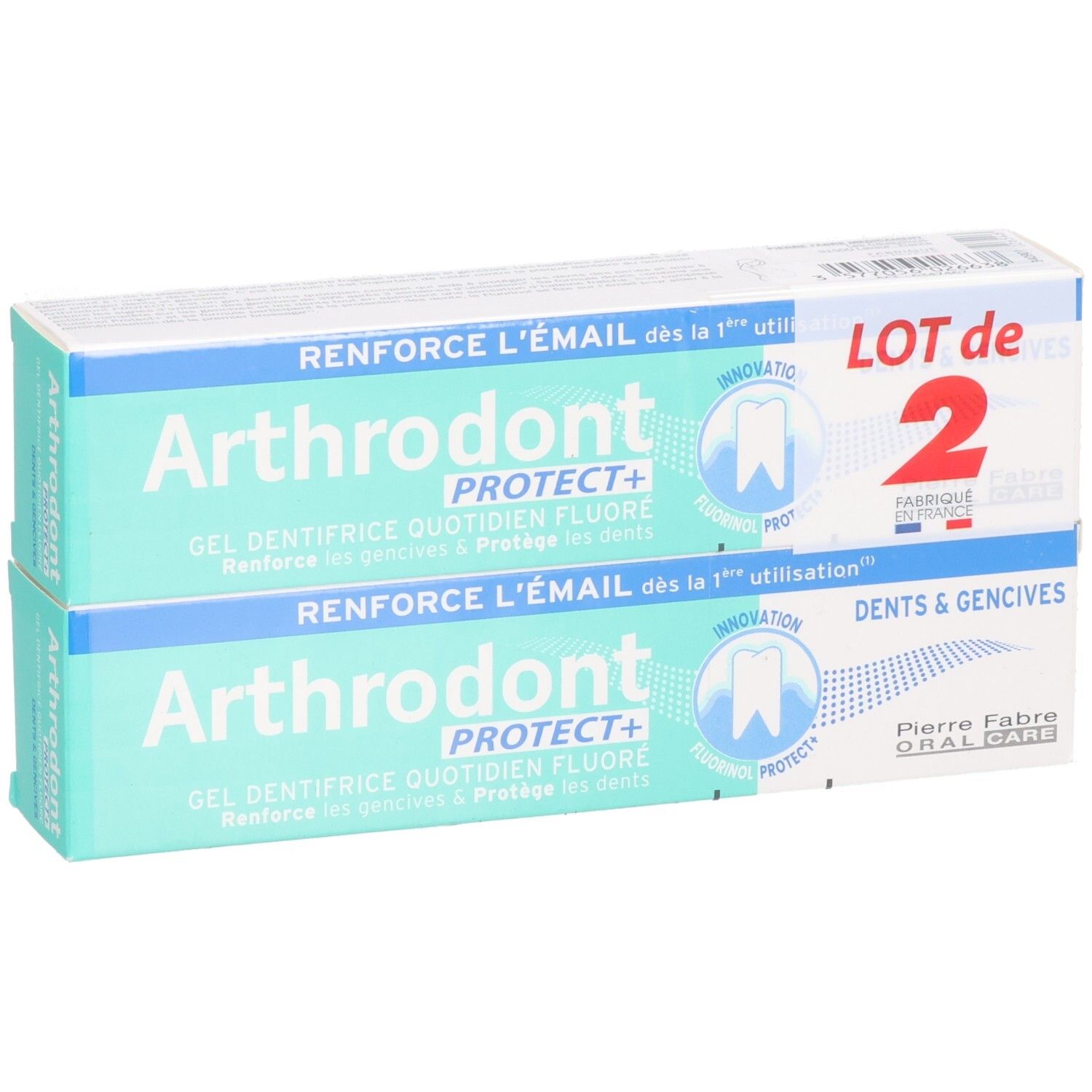 Deux boîtes de gel dentaire. Inscription: Arthrodont Protect+. Lot de 2. Pierre Fabre Oral Care.