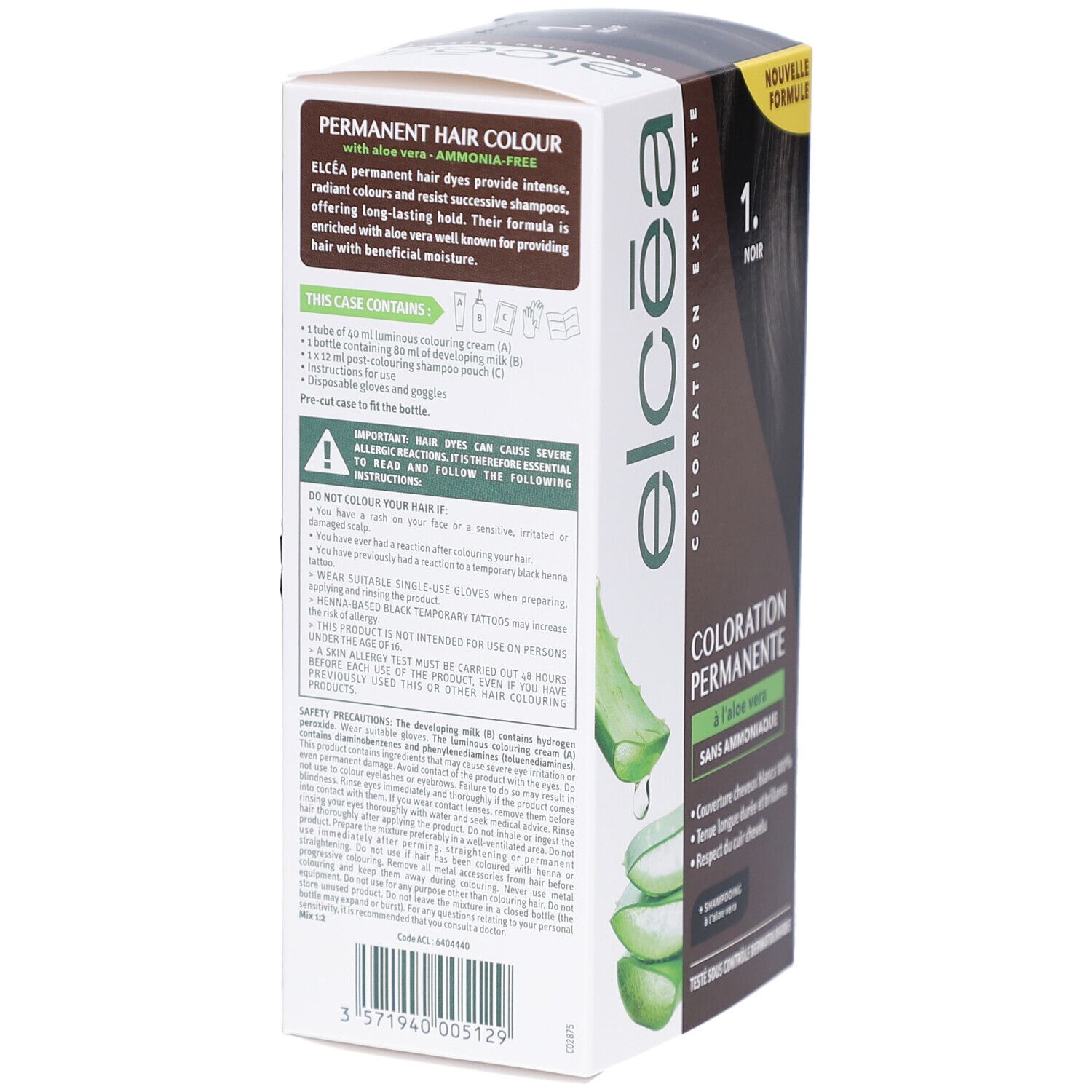 Dos de la boîte de coloration capillaire. Texte: PERMANENT HAIR COLOUR with aloe vera, AMMONIA-FREE. Contient instructions et avertissements.