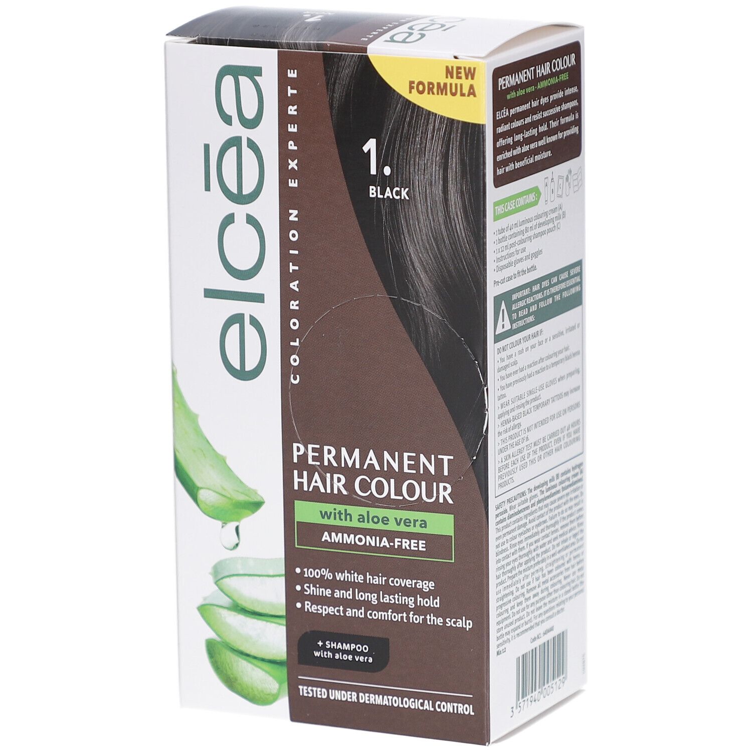 Boîte de coloration capillaire. Inscription: ELCEA COLOR EXPERT, 1. BLACK, PERMANENT HAIR COLOUR with aloe vera, AMMONIA-FREE. Illustration d'aloe vera.