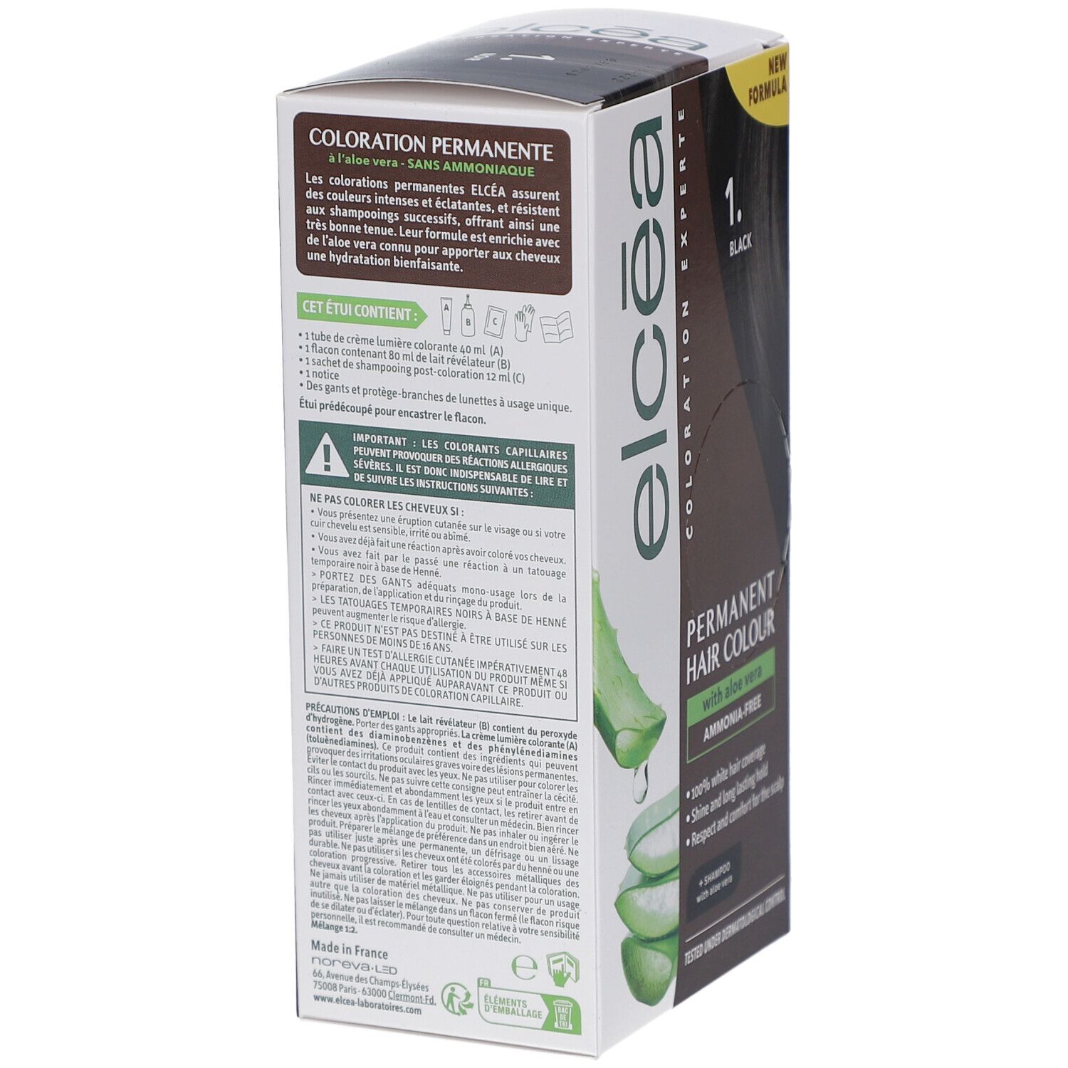 Dos de la boîte de coloration capillaire. Texte en français. Contient instructions et avertissements. Illustration d'aloe vera.