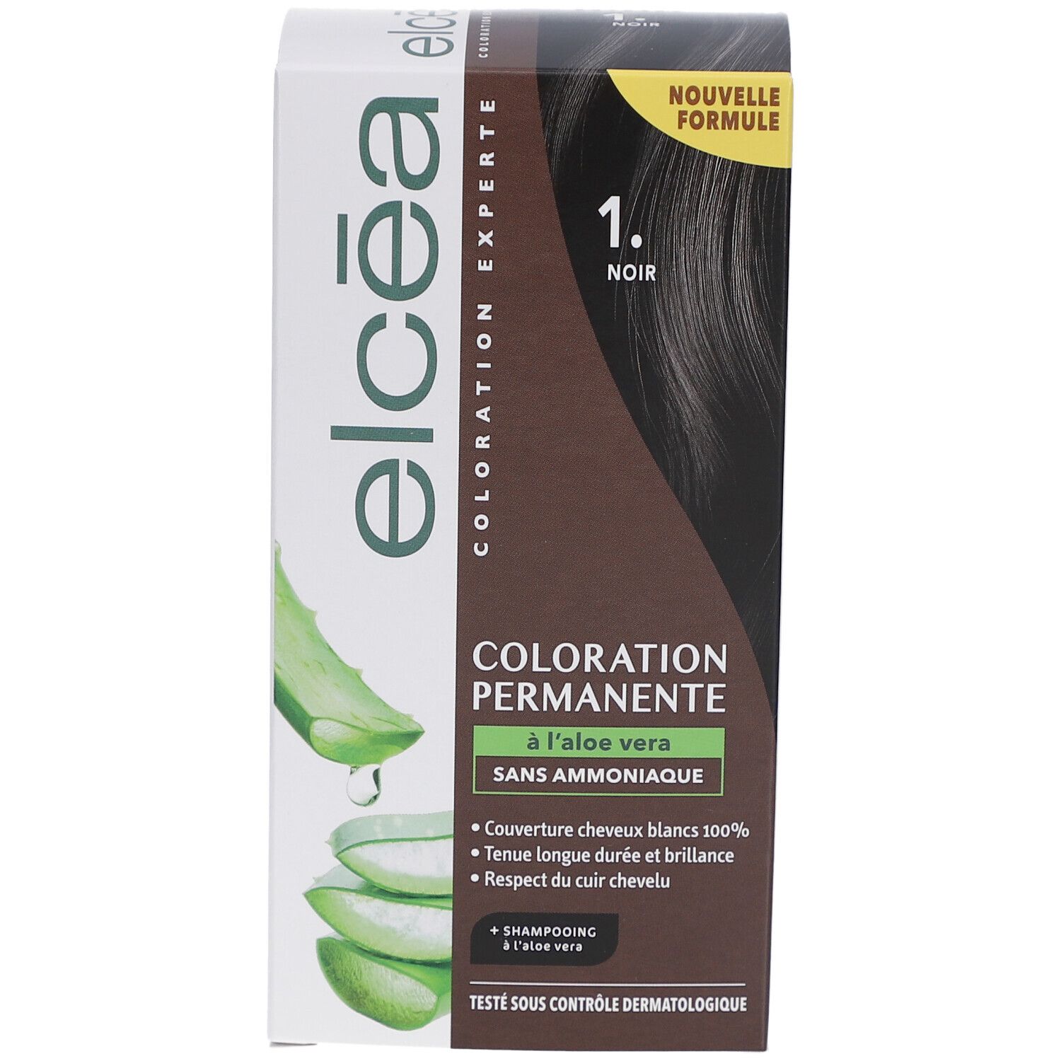 Boîte de coloration capillaire. Inscription: ELCEA COLOR EXPERT, 1. NOIR, COLORATION PERMANENTE à l'aloe vera, sans ammoniaque. Illustration d'aloe vera.