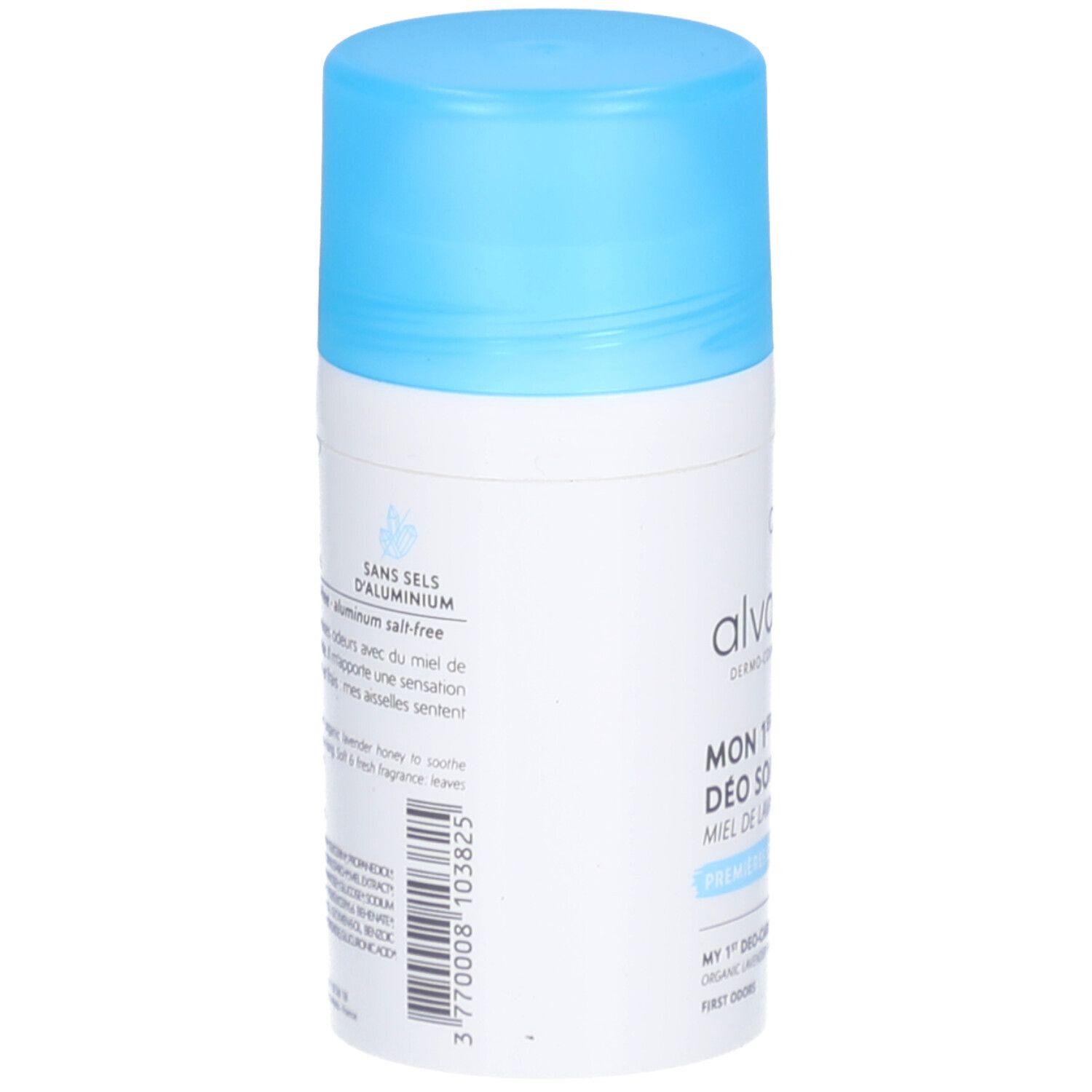 Dos du roll-on. Inscription: Sans sels d'aluminium. Contient du miel et de la lavande. Informations sur l'utilisation et les ingrédients.