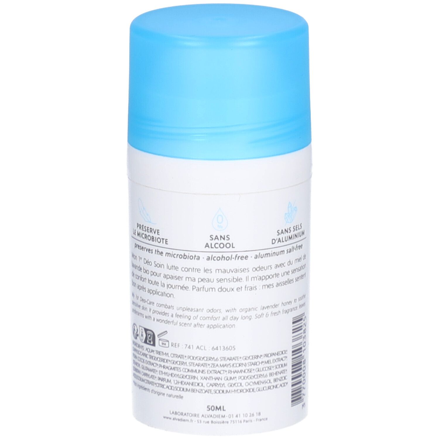 Dos du roll-on. Inscription: Sans alcool, Sans sels d'aluminium. Informations sur la préservation de la microbiote et les ingrédients.