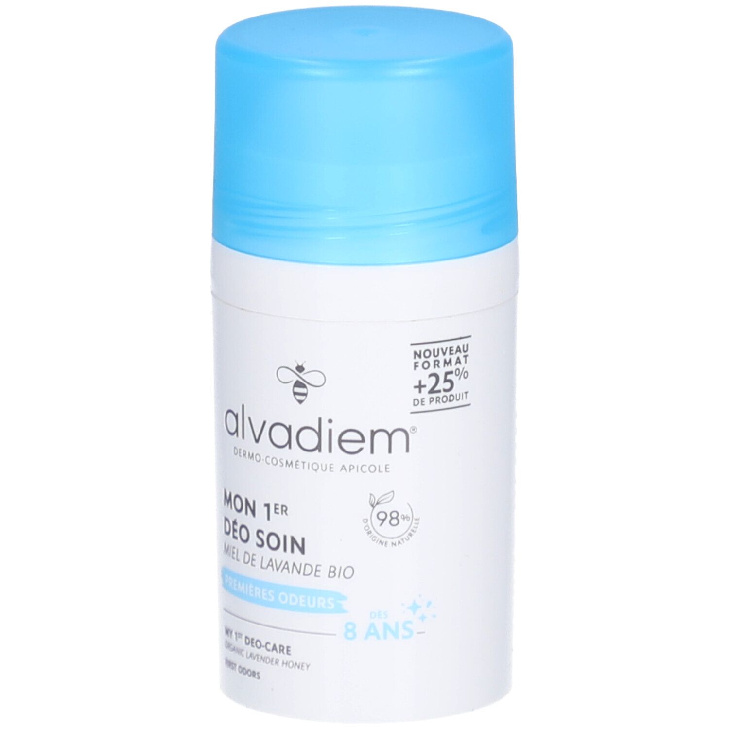 Roll-on déodorant blanc et bleu clair. Inscription: alvadiem, Mon 1er Déo Soin, Miel de Lavande Bio. 98% ingrédients naturels. Nouveau format.