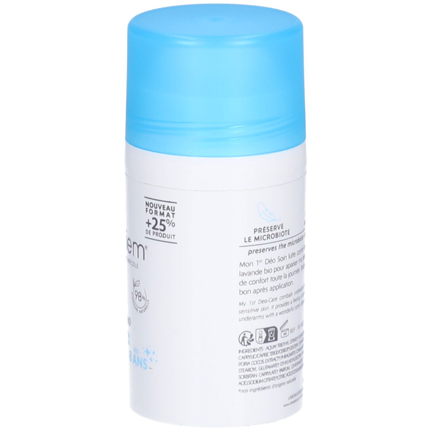 Dos du roll-on. Inscription: Nouveau format +25% de produit. Informations sur la préservation de la microbiote et les ingrédients.