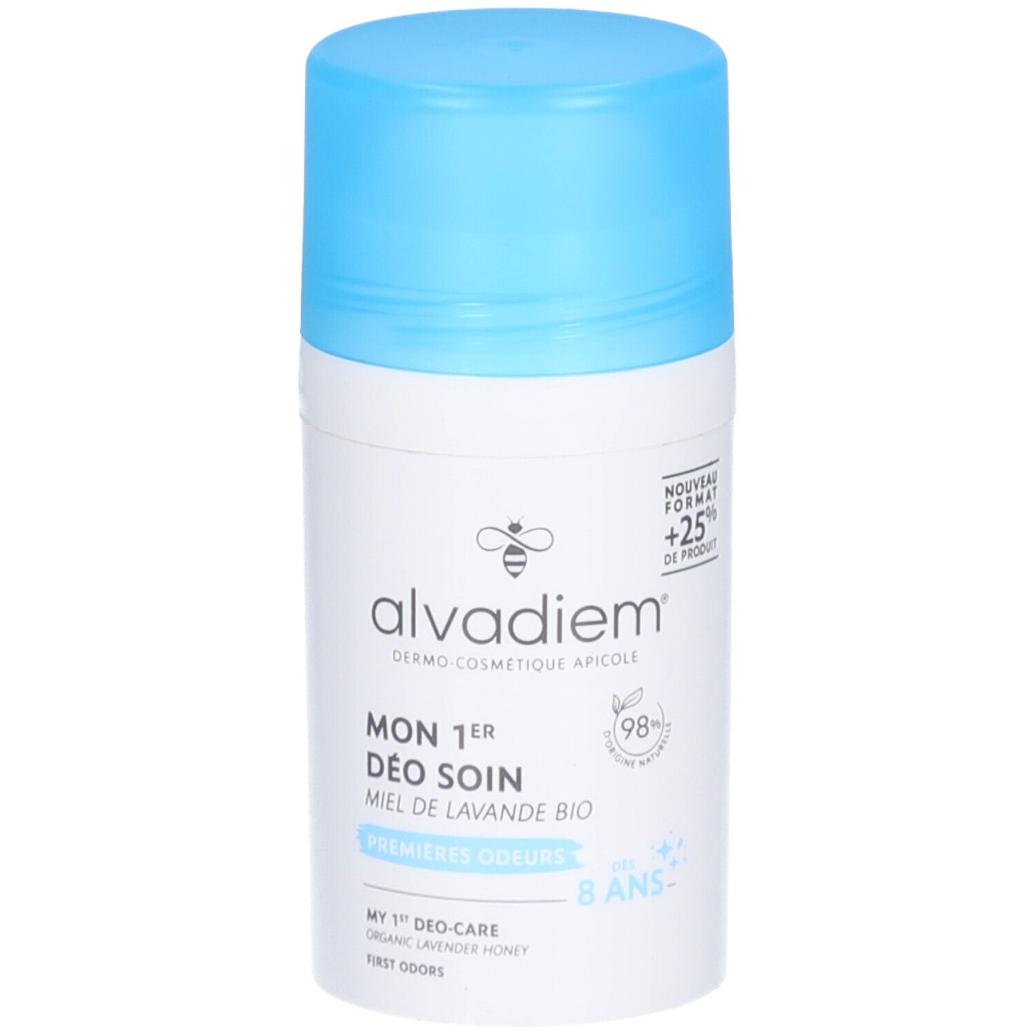 Roll-on déodorant blanc et bleu clair. Inscription: alvadiem, Mon 1er Déo Soin, Miel de Lavande Bio. 98% ingrédients naturels.