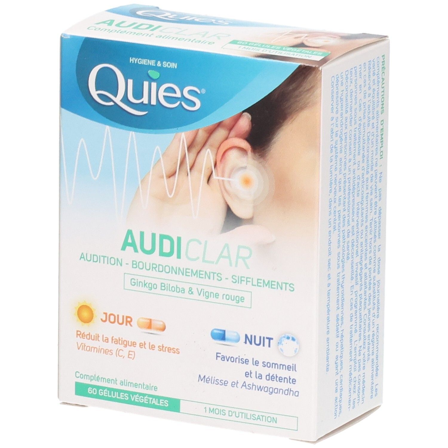 Boîte QUIES AUDICLAR de 60 gélules végétales jour et nuit.