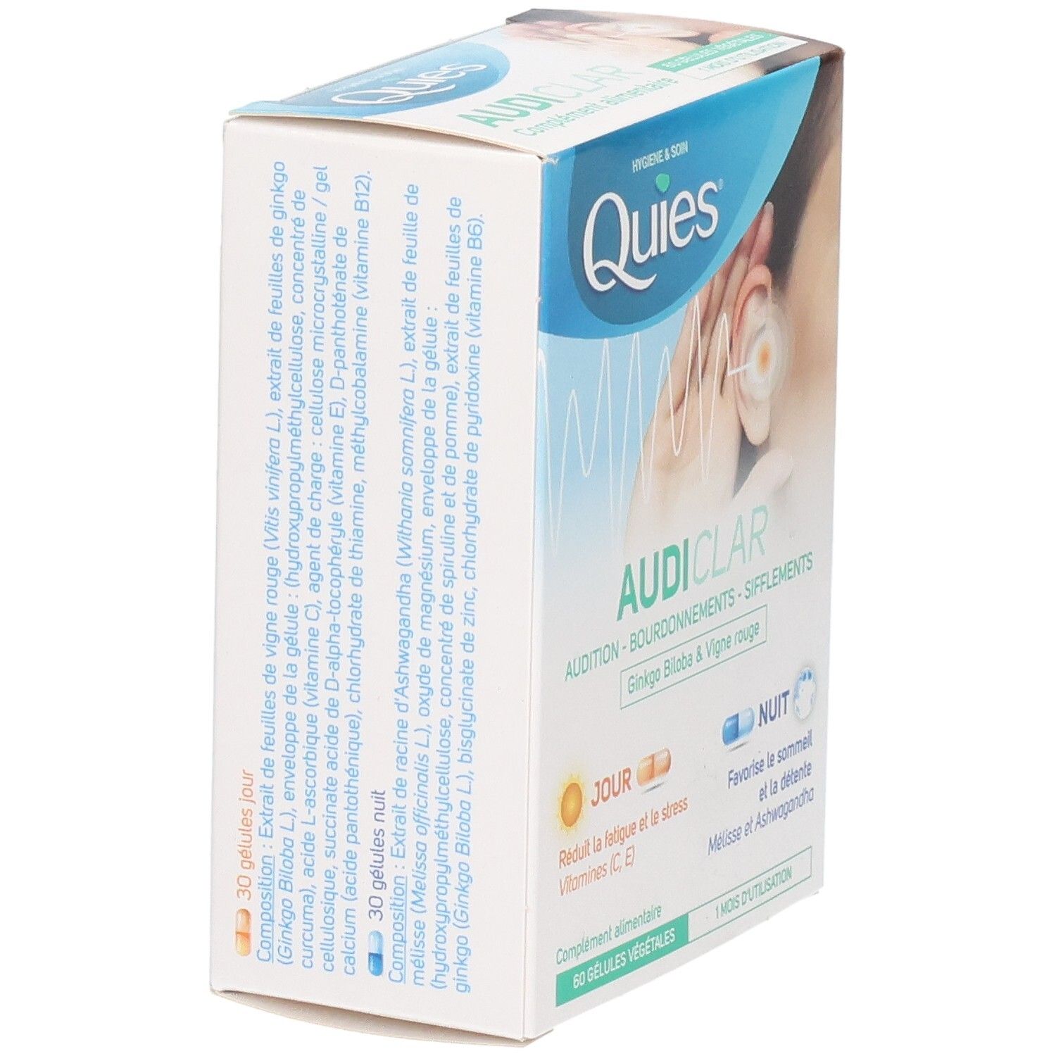 Dos de la boîte QUIES AUDICLAR avec ingrédients et dosage.