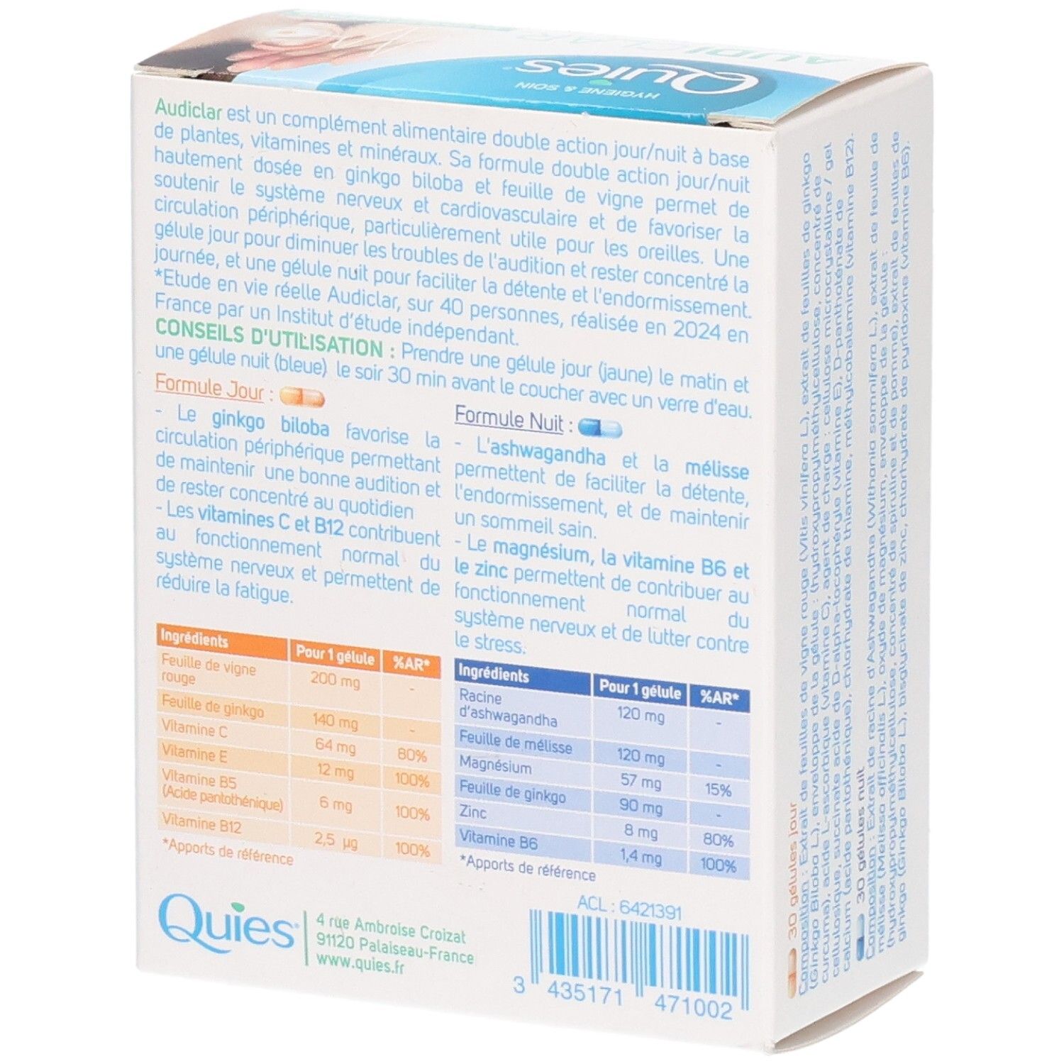 Vue latérale de la boîte QUIES AUDICLAR avec informations détaillées.